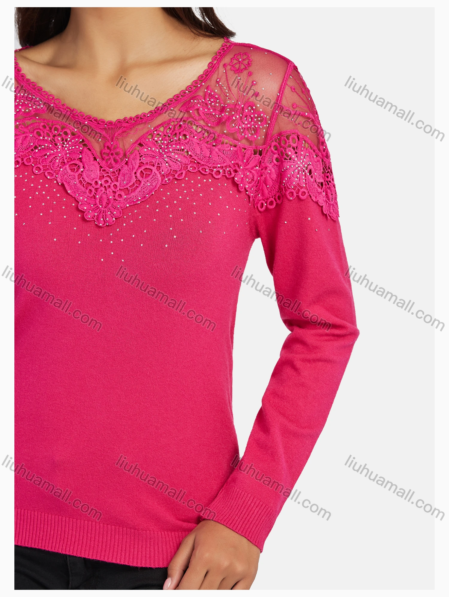 Wholesale Women's Casual Round Neck Long Sleeve Mesh Rhinestone Pain Top - Liuhuamall