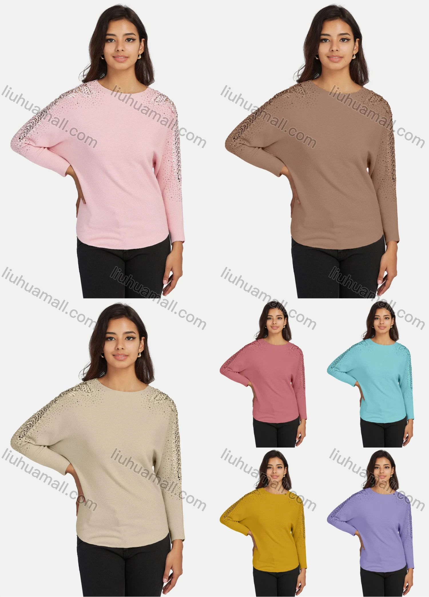 Wholesale Women's Casual Round Neck Long Sleeve Hollow Out Rhinestone Pain Top - Liuhuamall