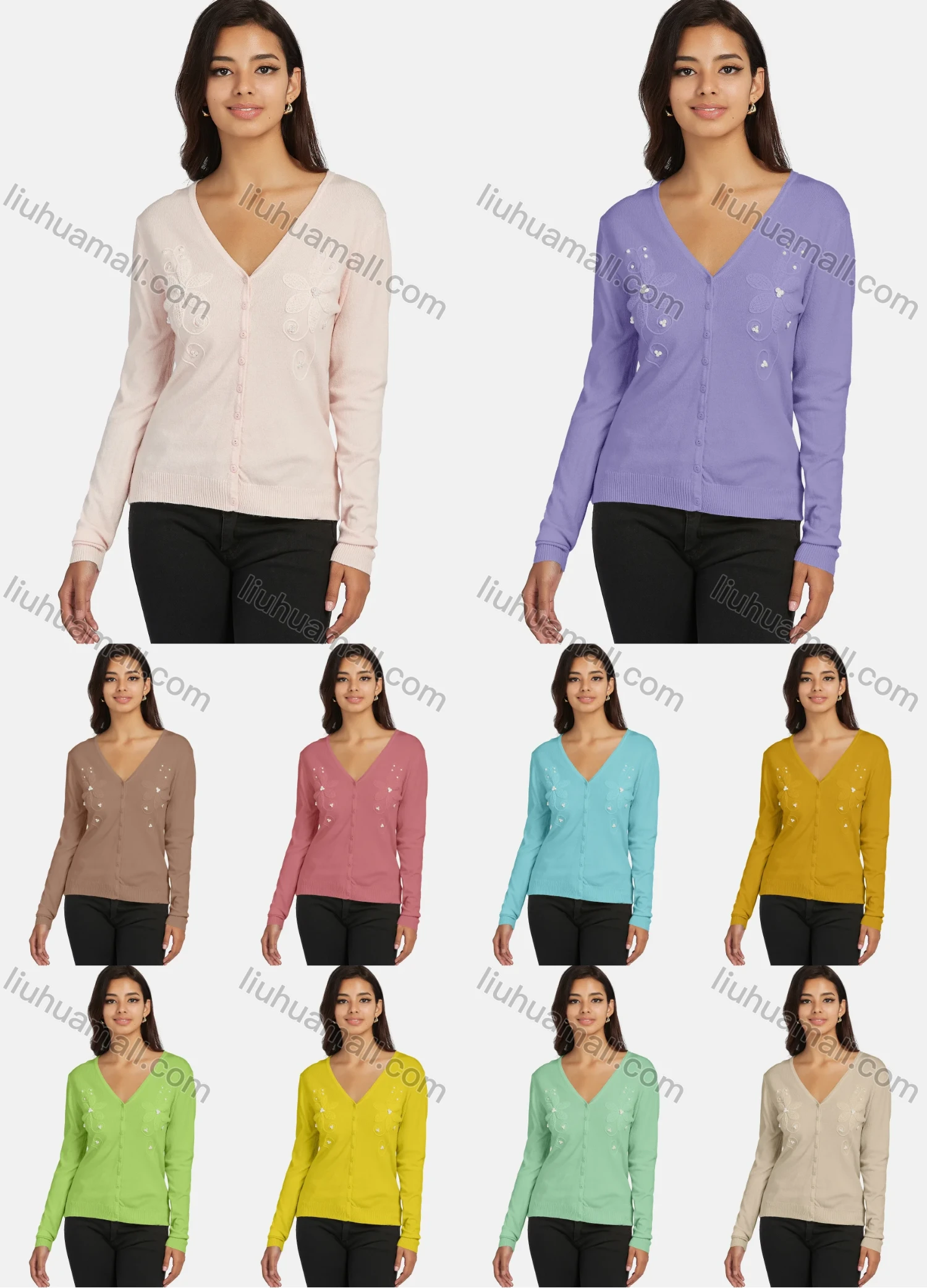 Wholesale Women's Casual Long Sleeve Button Down Embroidered Pearl Cardigan - Liuhuamall