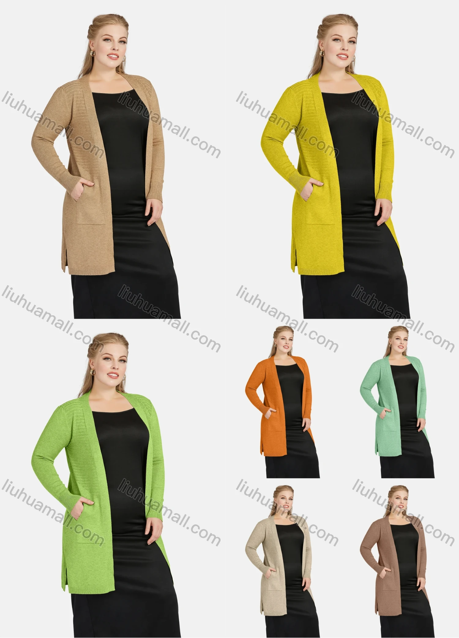 Wholesale Women's Casual Long Sleeve Pockets Spilt Side Plain Cardigan - Liuhuamall