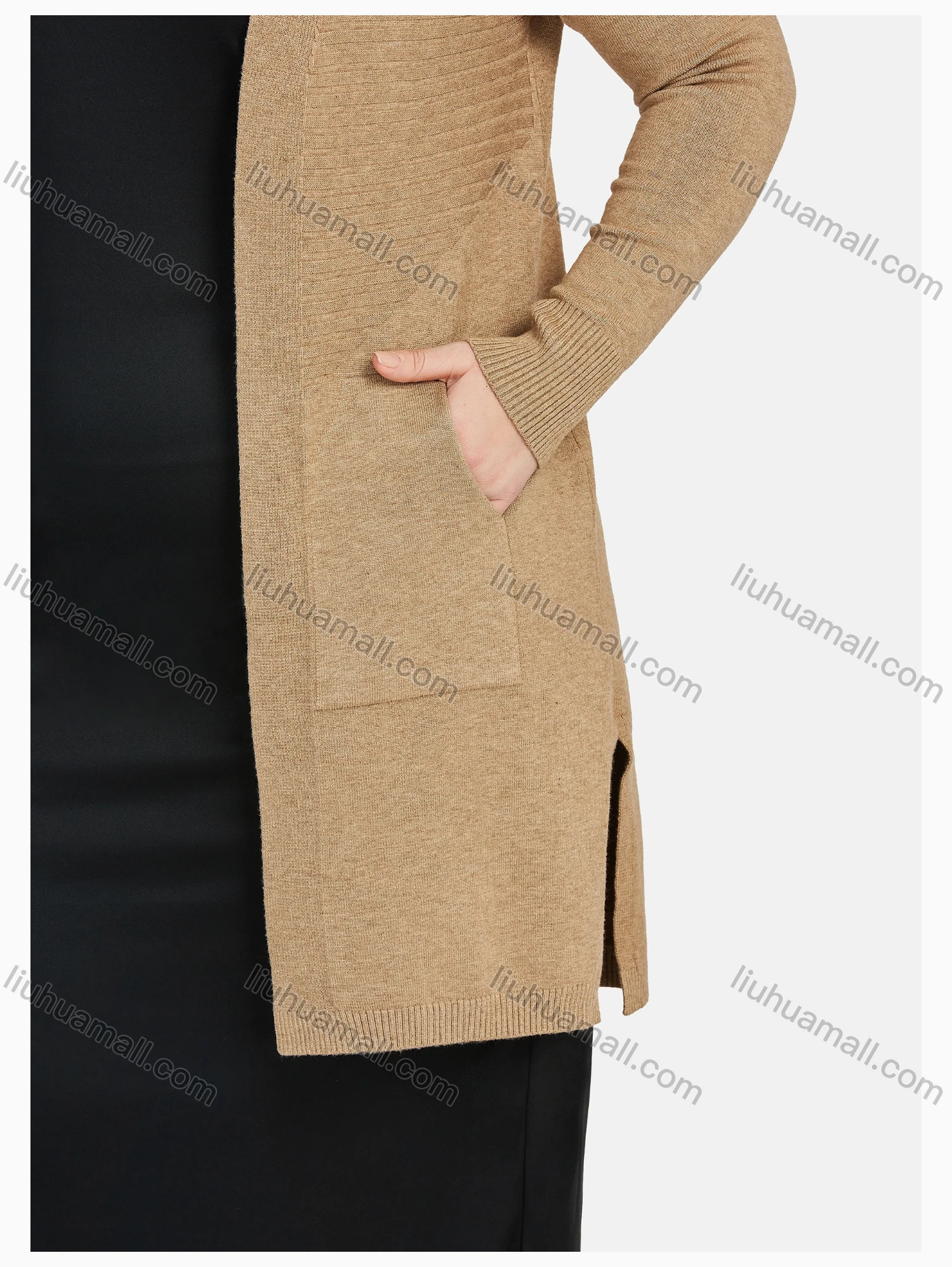 Wholesale Women's Casual Long Sleeve Pockets Spilt Side Plain Cardigan - Liuhuamall