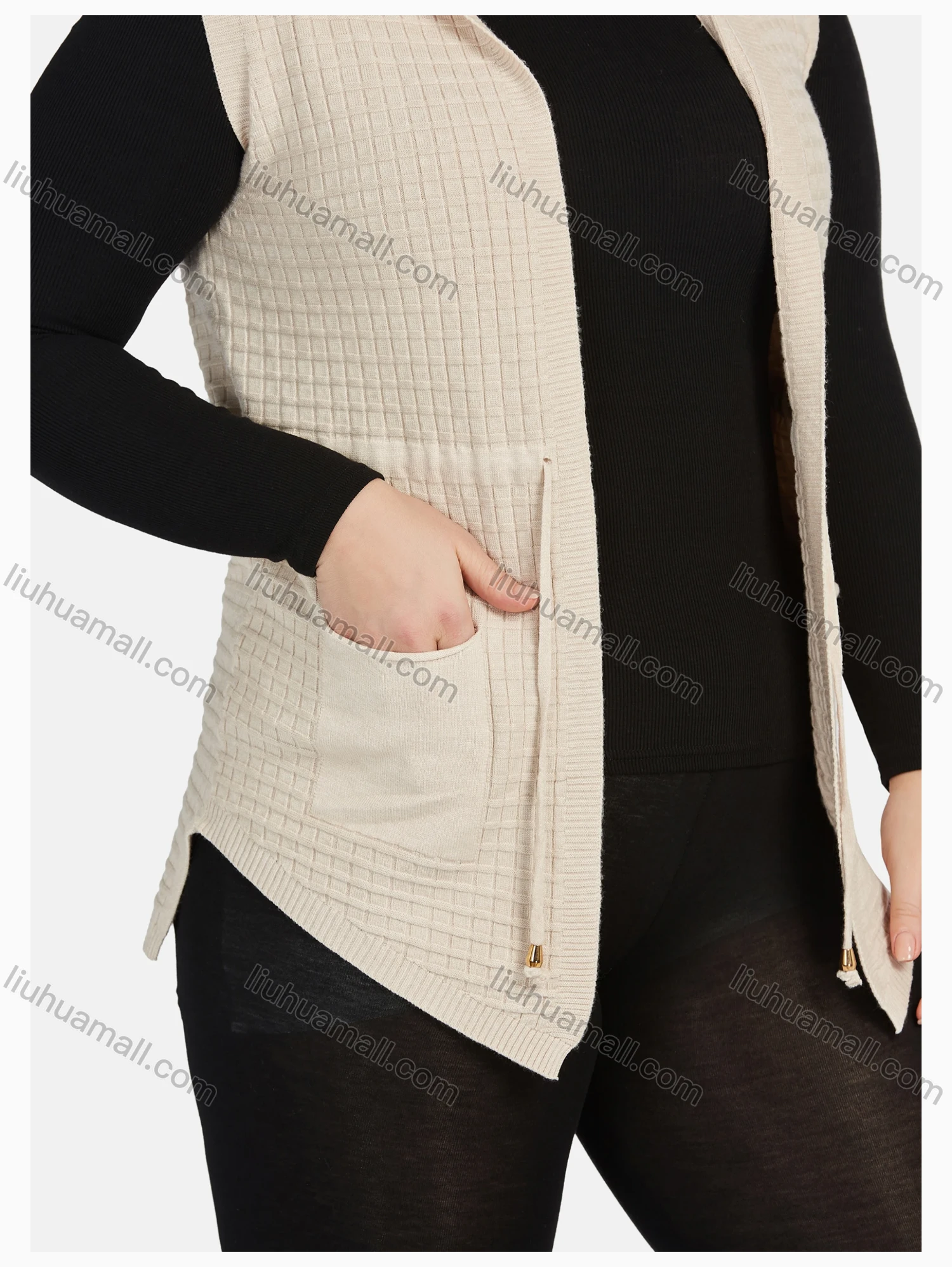 Wholesale Women's Casual Hooded Sleeveless Pockets Drawstring Plain Cardigan - Liuhuamall