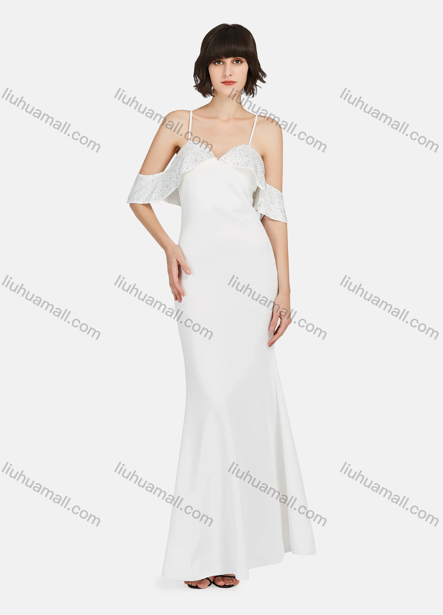 Wholesale Women's Glamorous Plain Cold Shoulder Rhinestone Crisscross Back Spaghetti Strap Mermaid Evening Dress - Liuhuamall