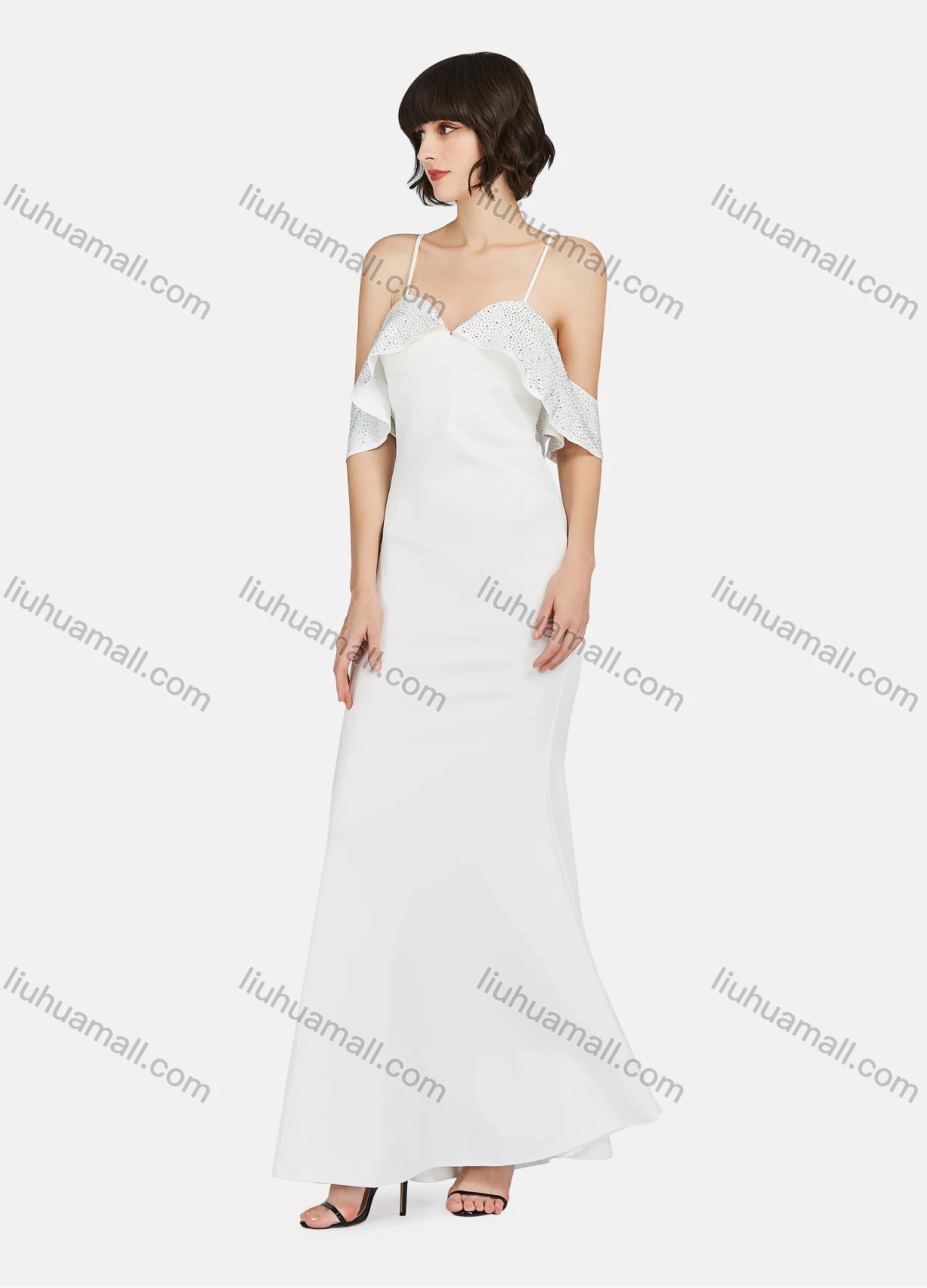 Wholesale Women's Glamorous Plain Cold Shoulder Rhinestone Crisscross Back Spaghetti Strap Mermaid Evening Dress - Liuhuamall