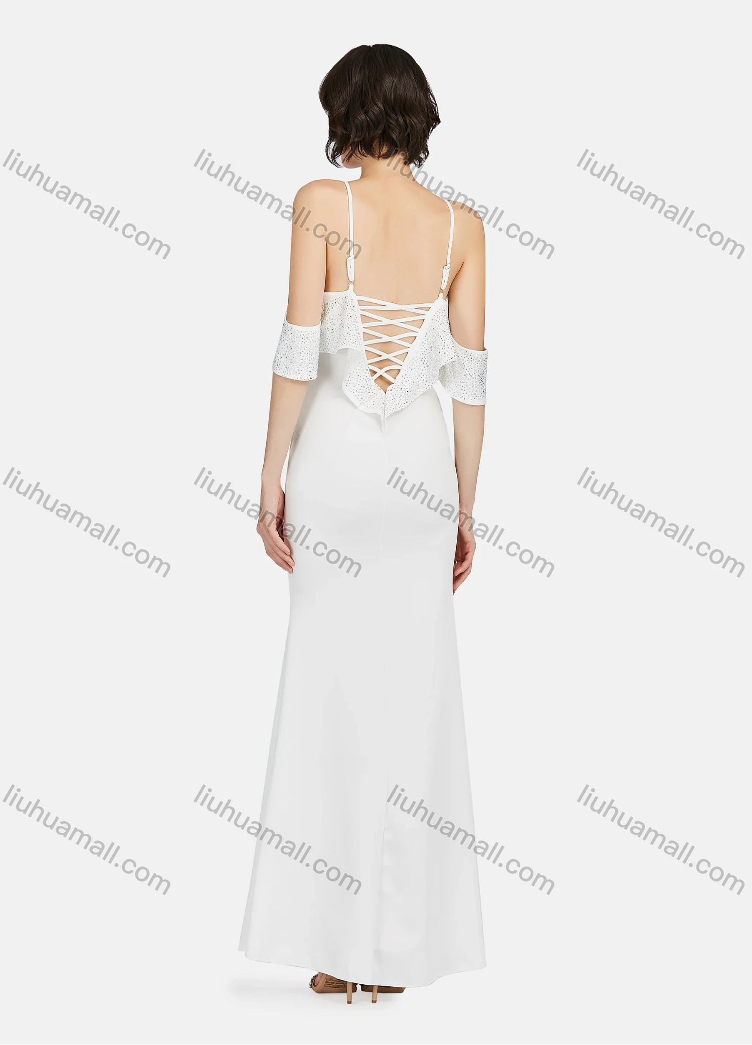 Wholesale Women's Glamorous Plain Cold Shoulder Rhinestone Crisscross Back Spaghetti Strap Mermaid Evening Dress - Liuhuamall