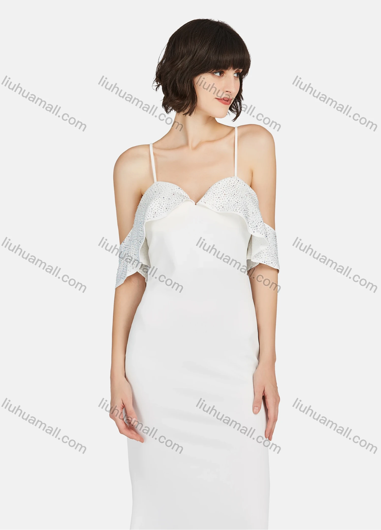 Wholesale Women's Glamorous Plain Cold Shoulder Rhinestone Crisscross Back Spaghetti Strap Mermaid Evening Dress - Liuhuamall