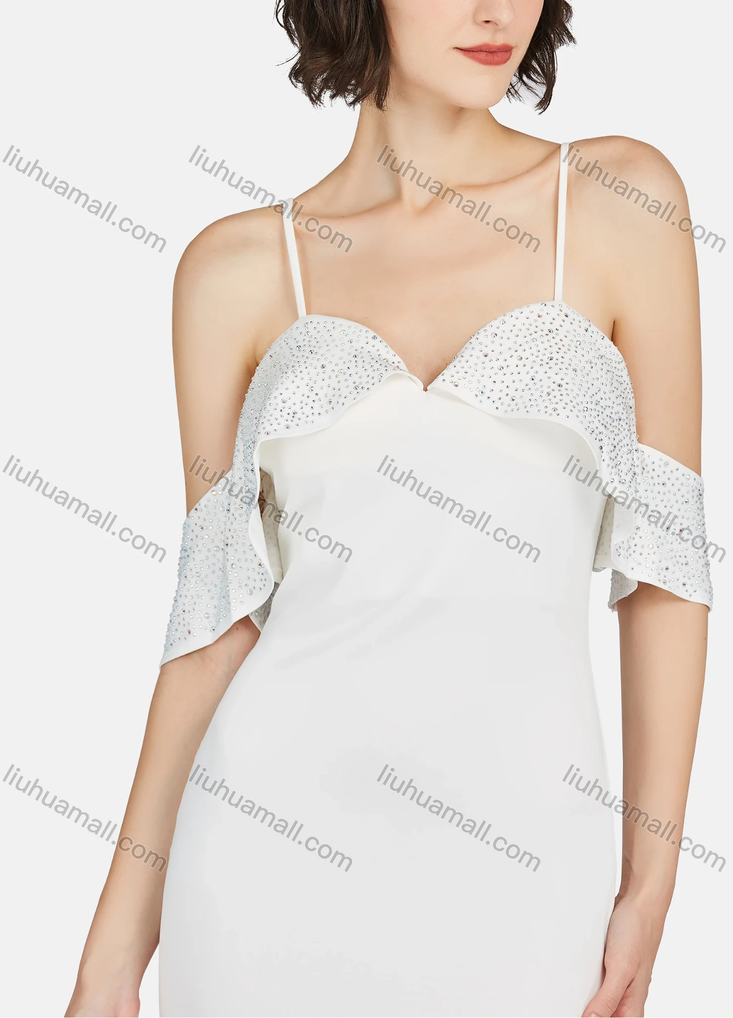 Wholesale Women's Glamorous Plain Cold Shoulder Rhinestone Crisscross Back Spaghetti Strap Mermaid Evening Dress - Liuhuamall