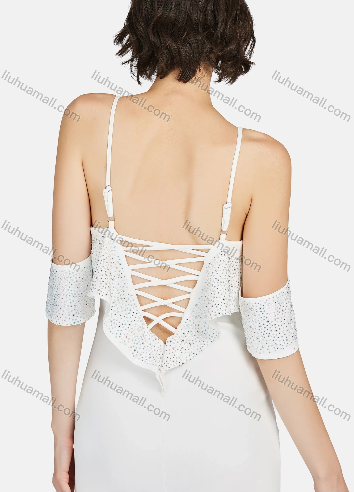 Wholesale Women's Glamorous Plain Cold Shoulder Rhinestone Crisscross Back Spaghetti Strap Mermaid Evening Dress - Liuhuamall