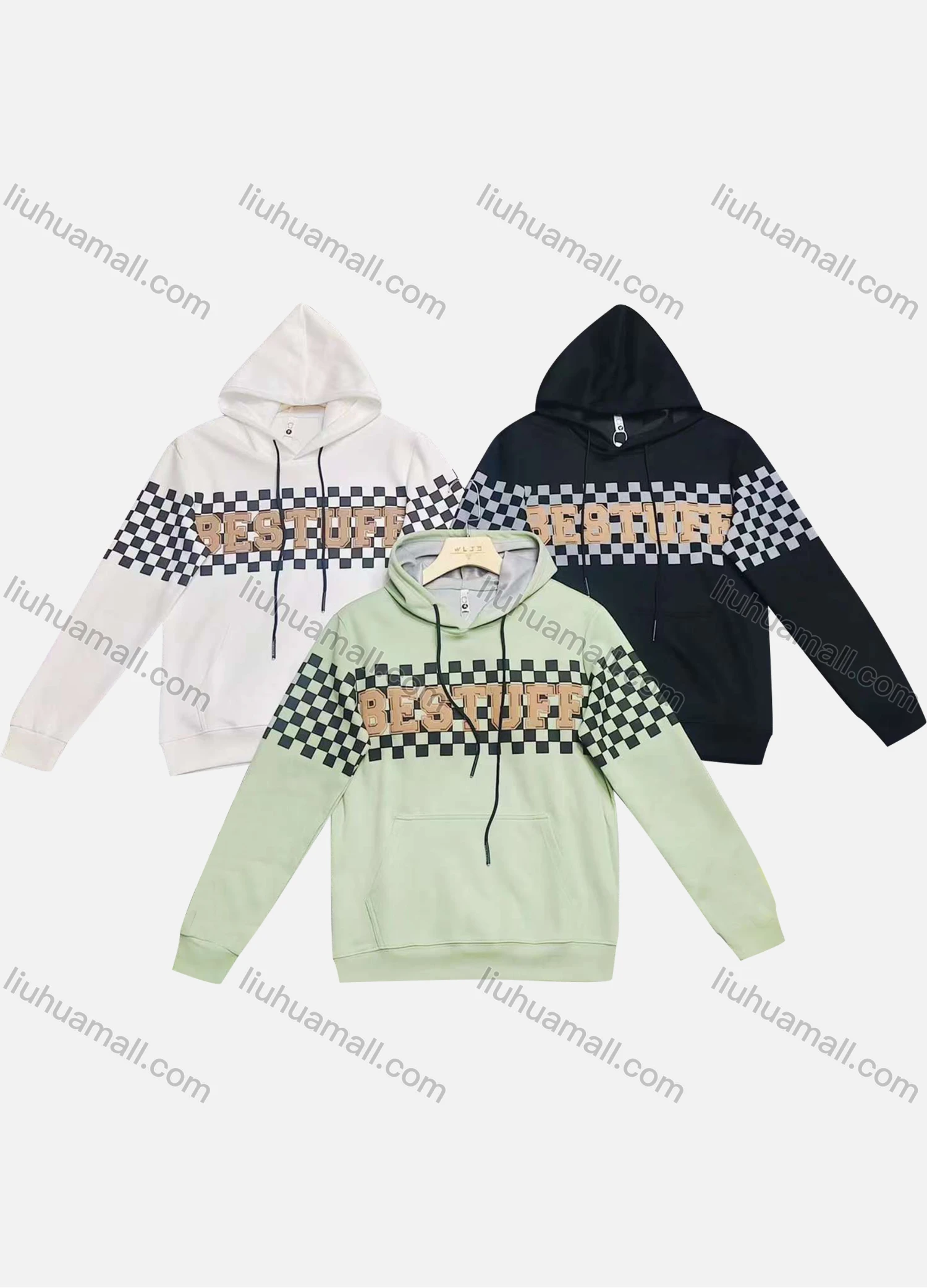 Wholesale Men's Casual Letter & Checkerboard Print 100% Cotton Drawstring Long Sleeve Kangaroo Pocket Hoodie - Liuhuamall