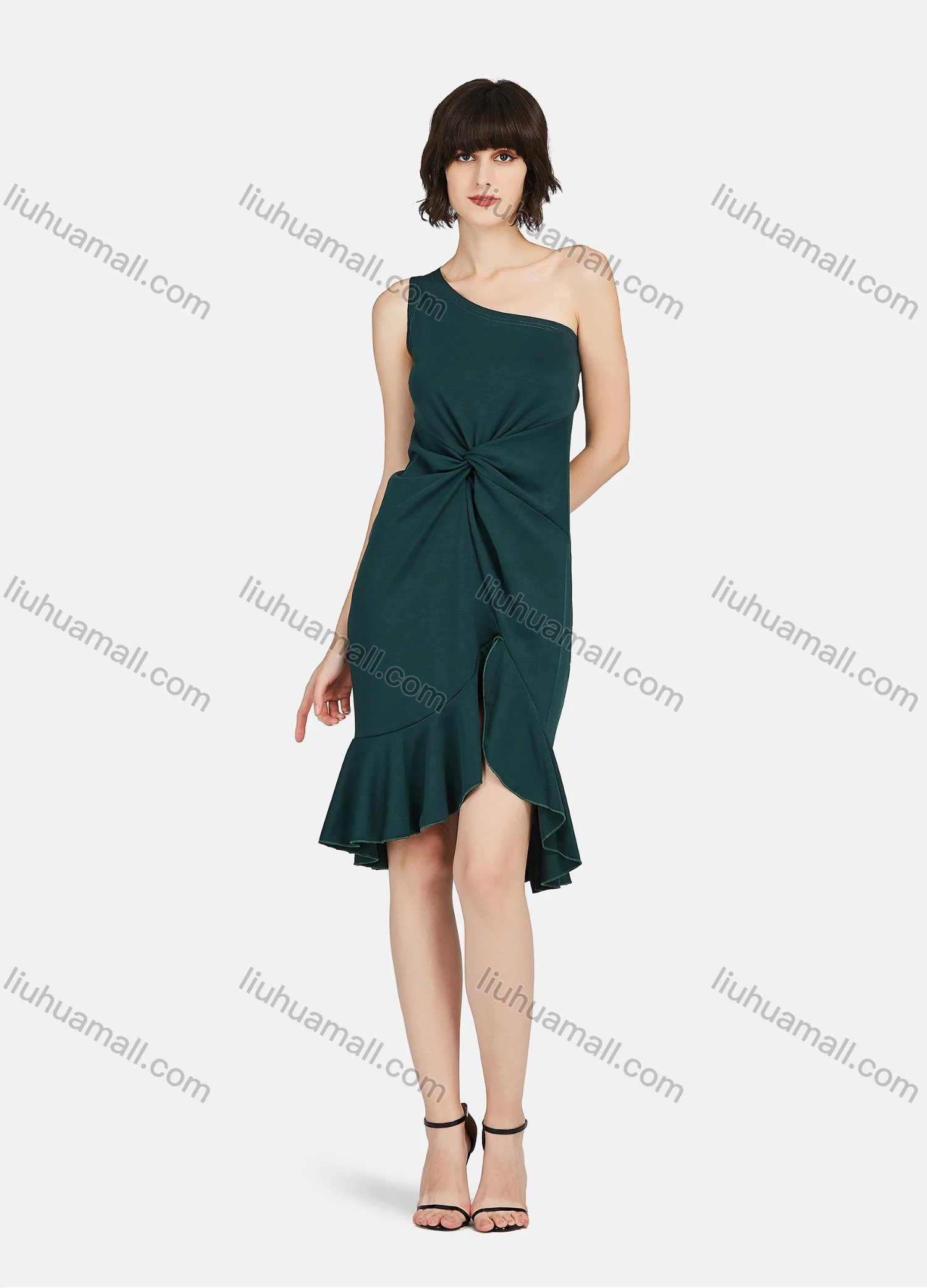 Wholesale Women's Fashion One Shoulder Sleeveless Twist Ruffle High Low Hem Plain Knee Length Evening Dress - Liuhuamall