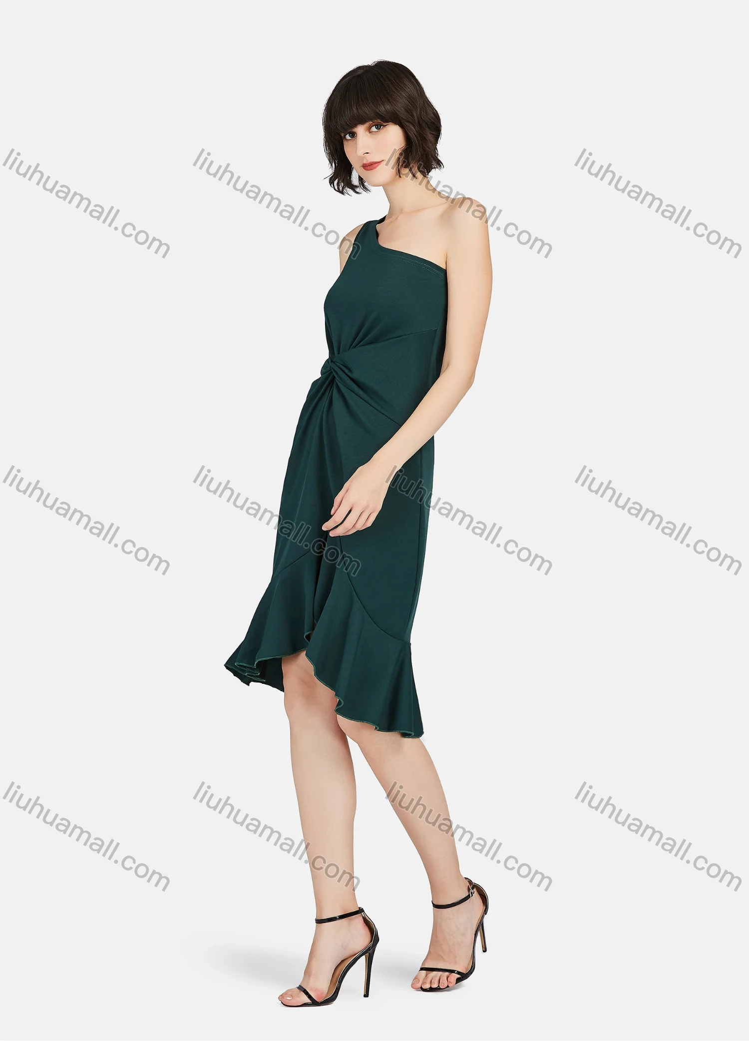 Wholesale Women's Fashion One Shoulder Sleeveless Twist Ruffle High Low Hem Plain Knee Length Evening Dress - Liuhuamall