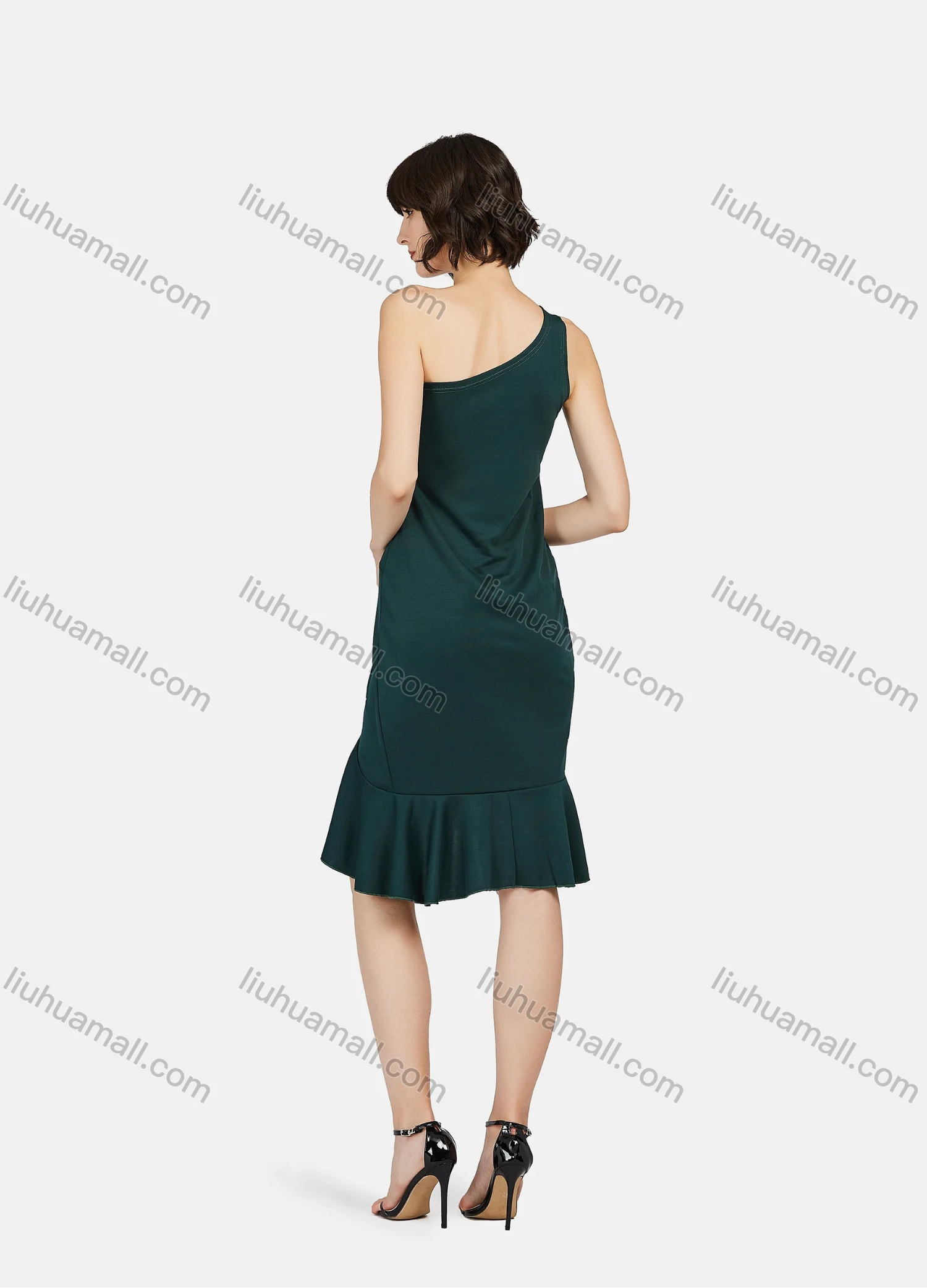 Wholesale Women's Fashion One Shoulder Sleeveless Twist Ruffle High Low Hem Plain Knee Length Evening Dress - Liuhuamall