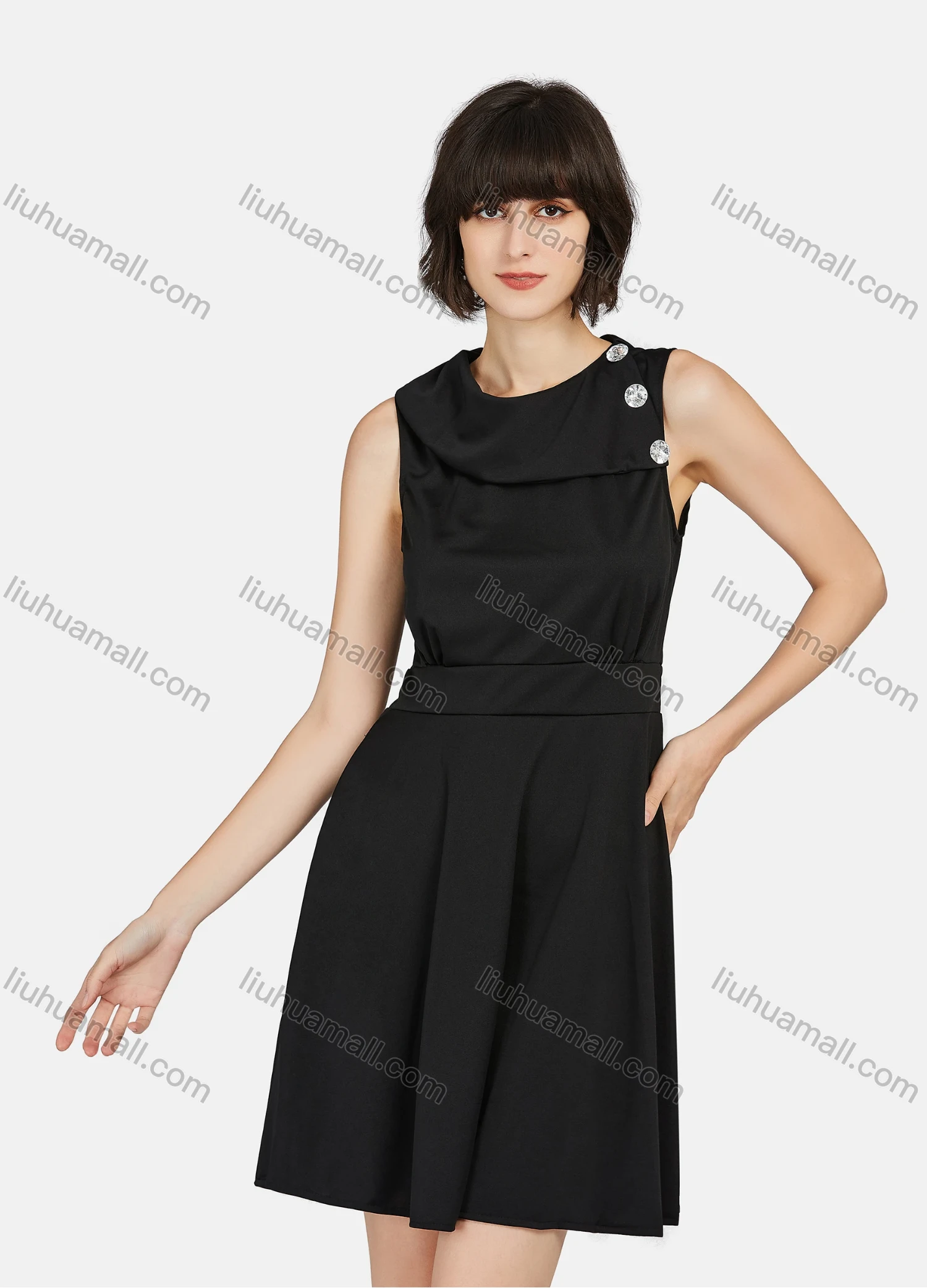 Wholesale Women's Elegant Crew Neck Sleeveless Rhinestone Button Decor Plain Tank Evening Short Dress - Liuhuamall