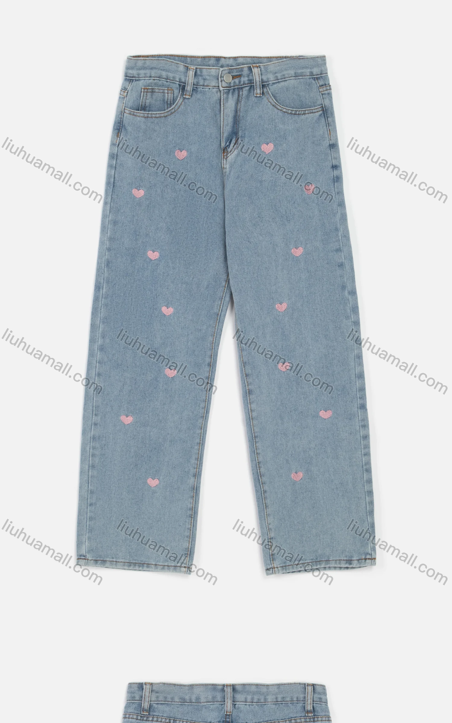 Wholesale Women's Fashion Button Front Embroidery Heart Graphic Straight Leg Jean - Liuhuamall