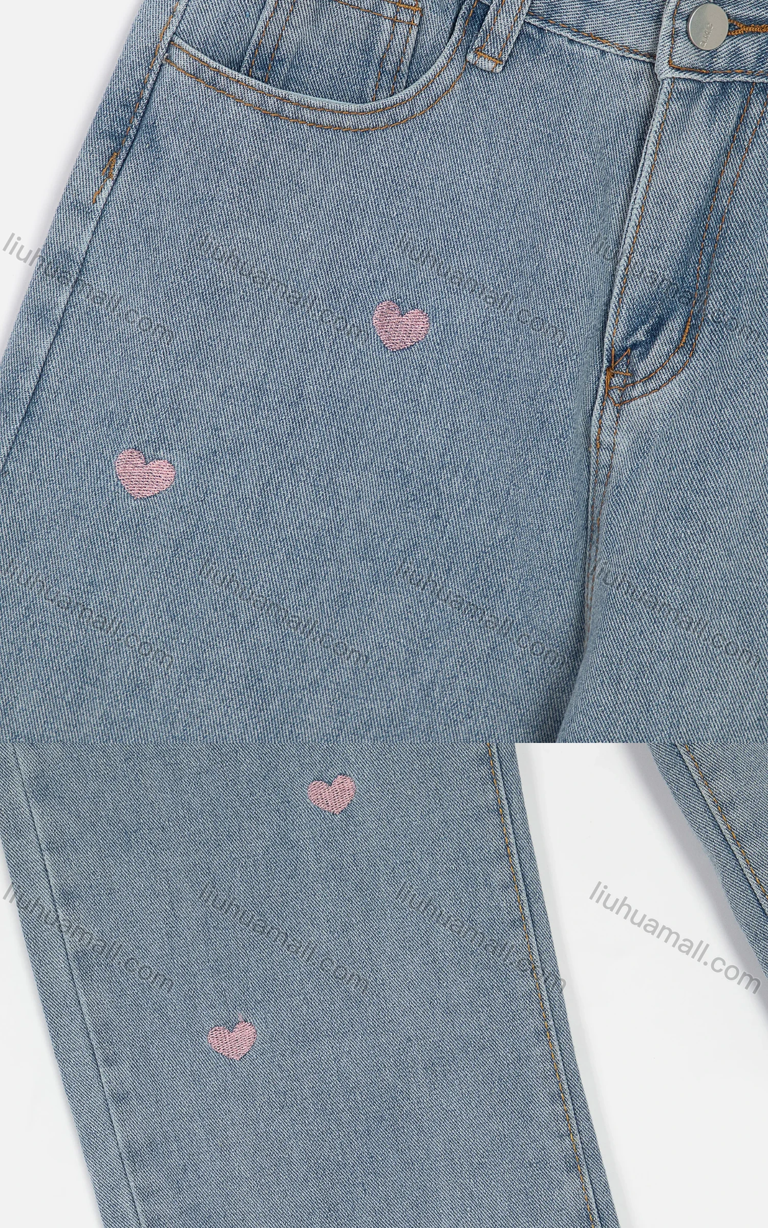 Wholesale Women's Fashion Button Front Embroidery Heart Graphic Straight Leg Jean - Liuhuamall