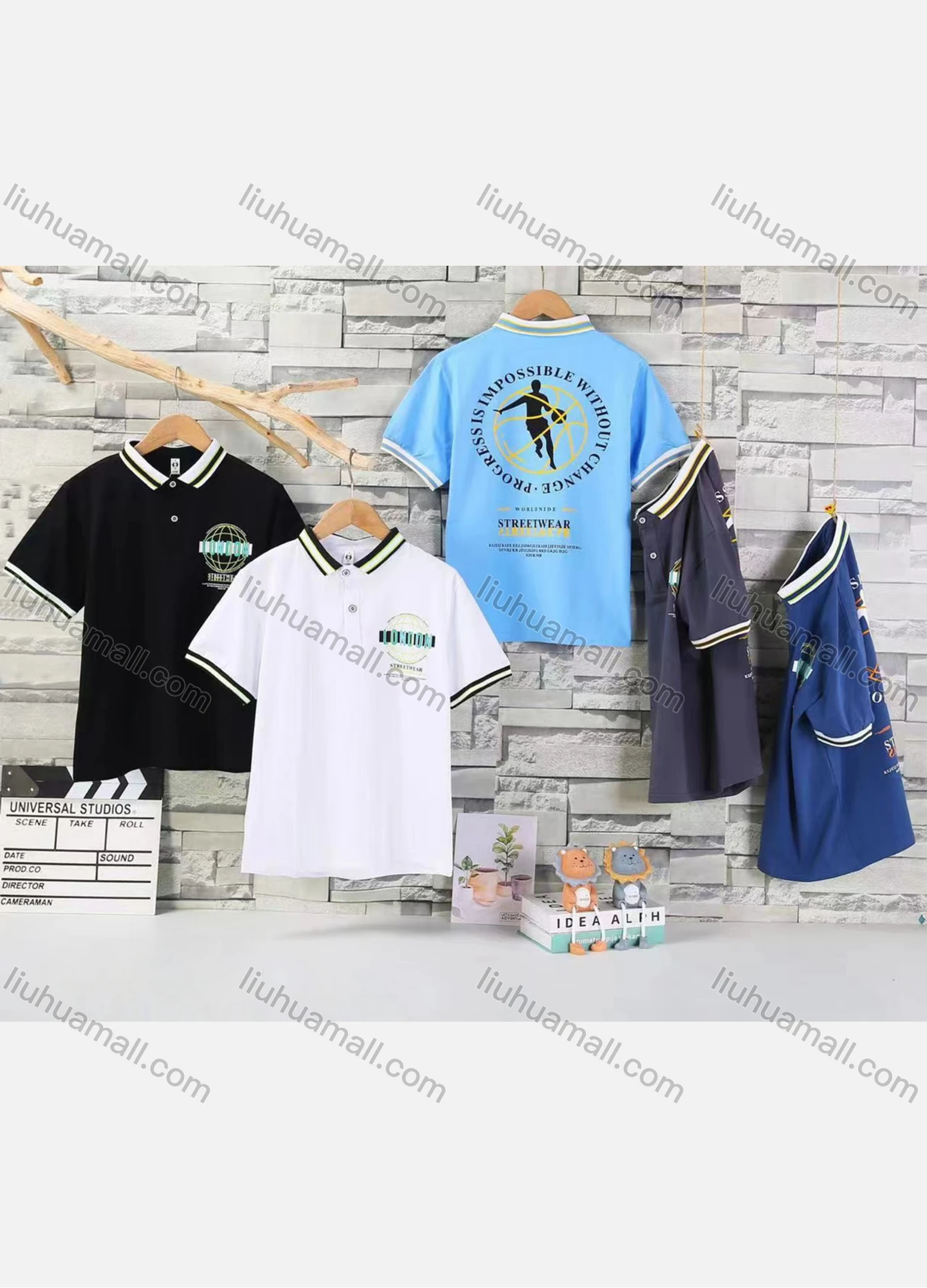 Wholesale Boy's Casual Letter Print & Graphic Striped Trim Short Sleeve Polo Shirt - Liuhuamall