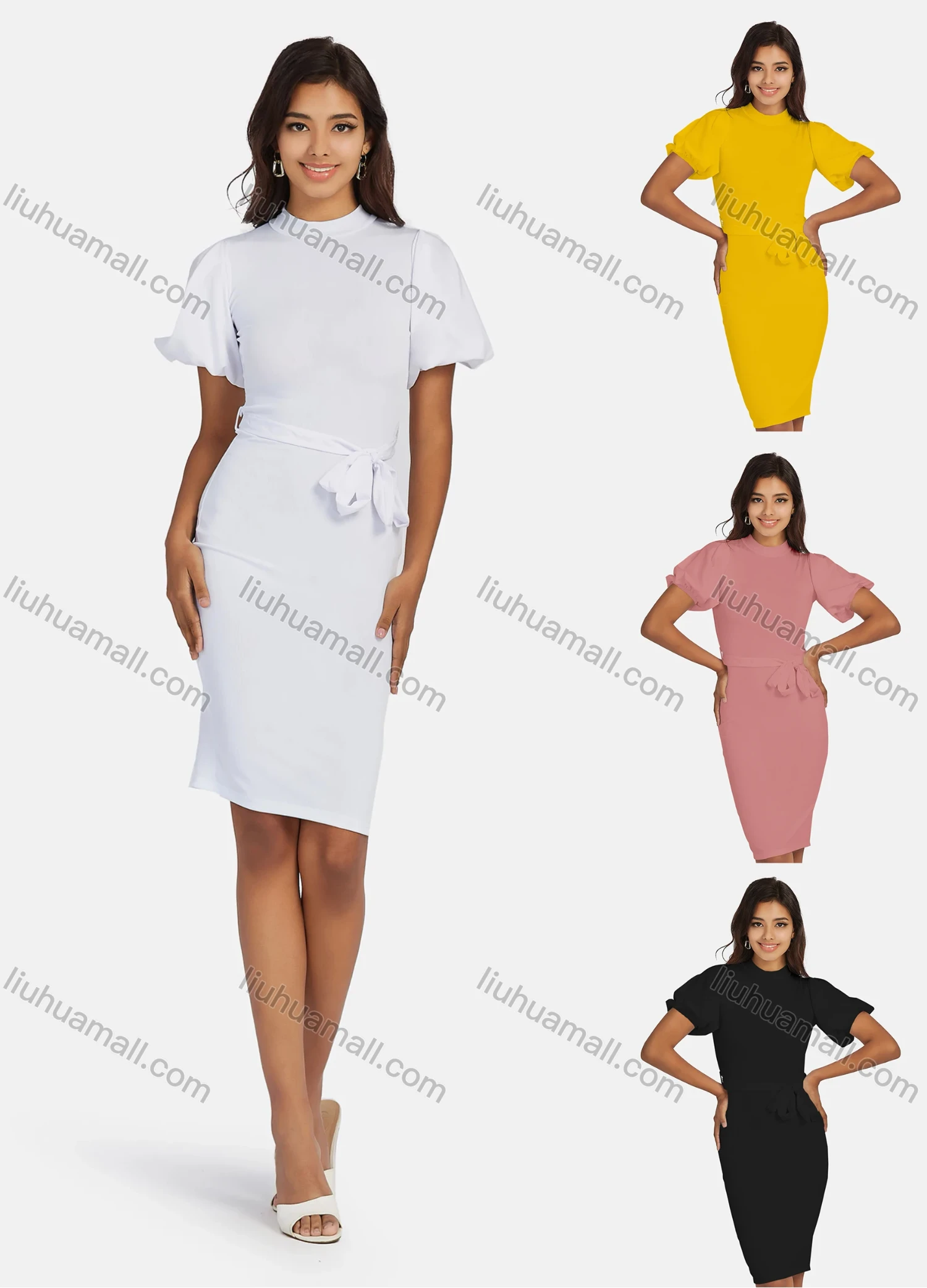 Wholesale Women's Causal Mock Neck Lantern Sleeve Bodycon Plain Dress With Belt - Liuhuamall