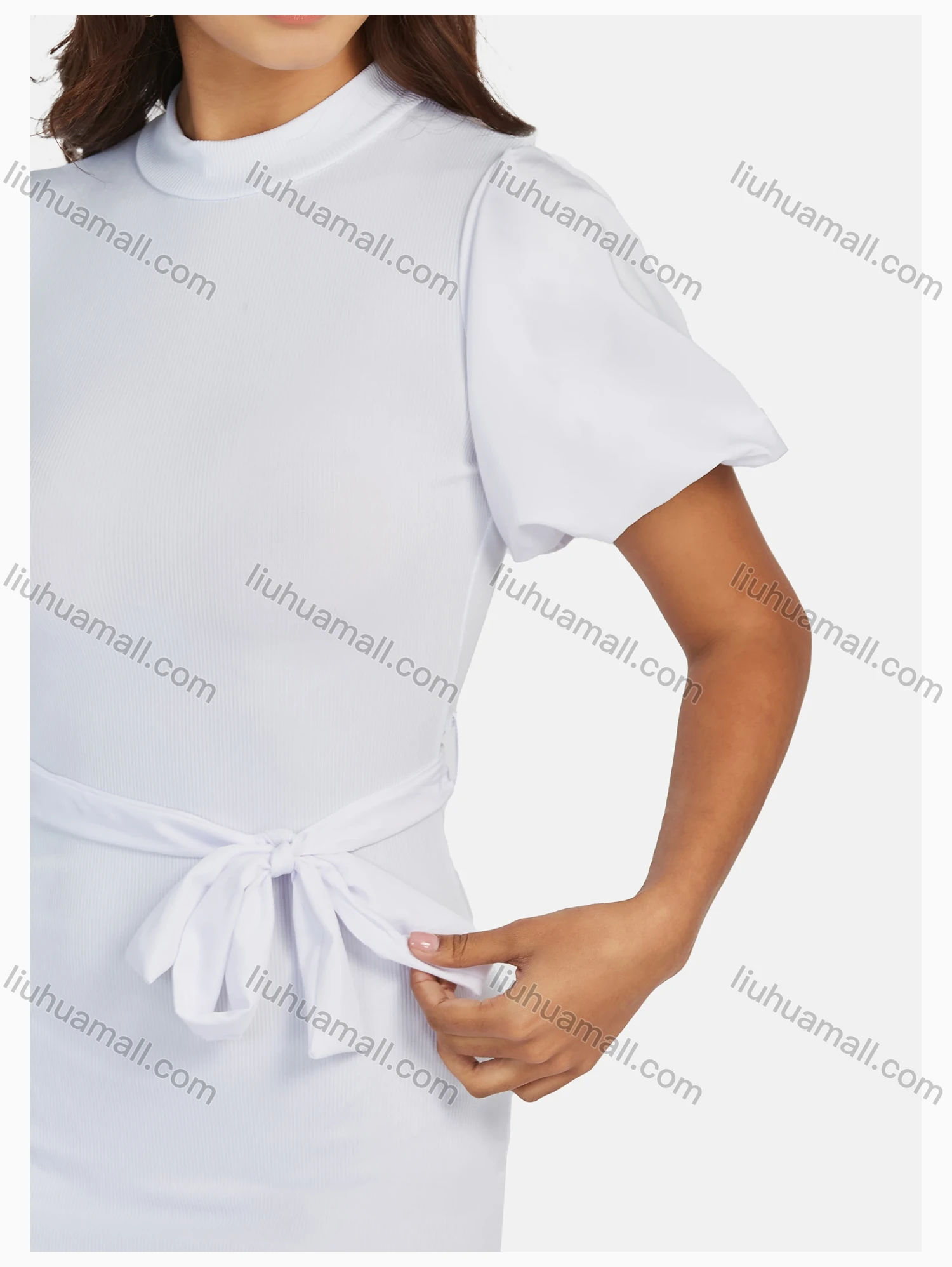Wholesale Women's Causal Mock Neck Lantern Sleeve Bodycon Plain Dress With Belt - Liuhuamall