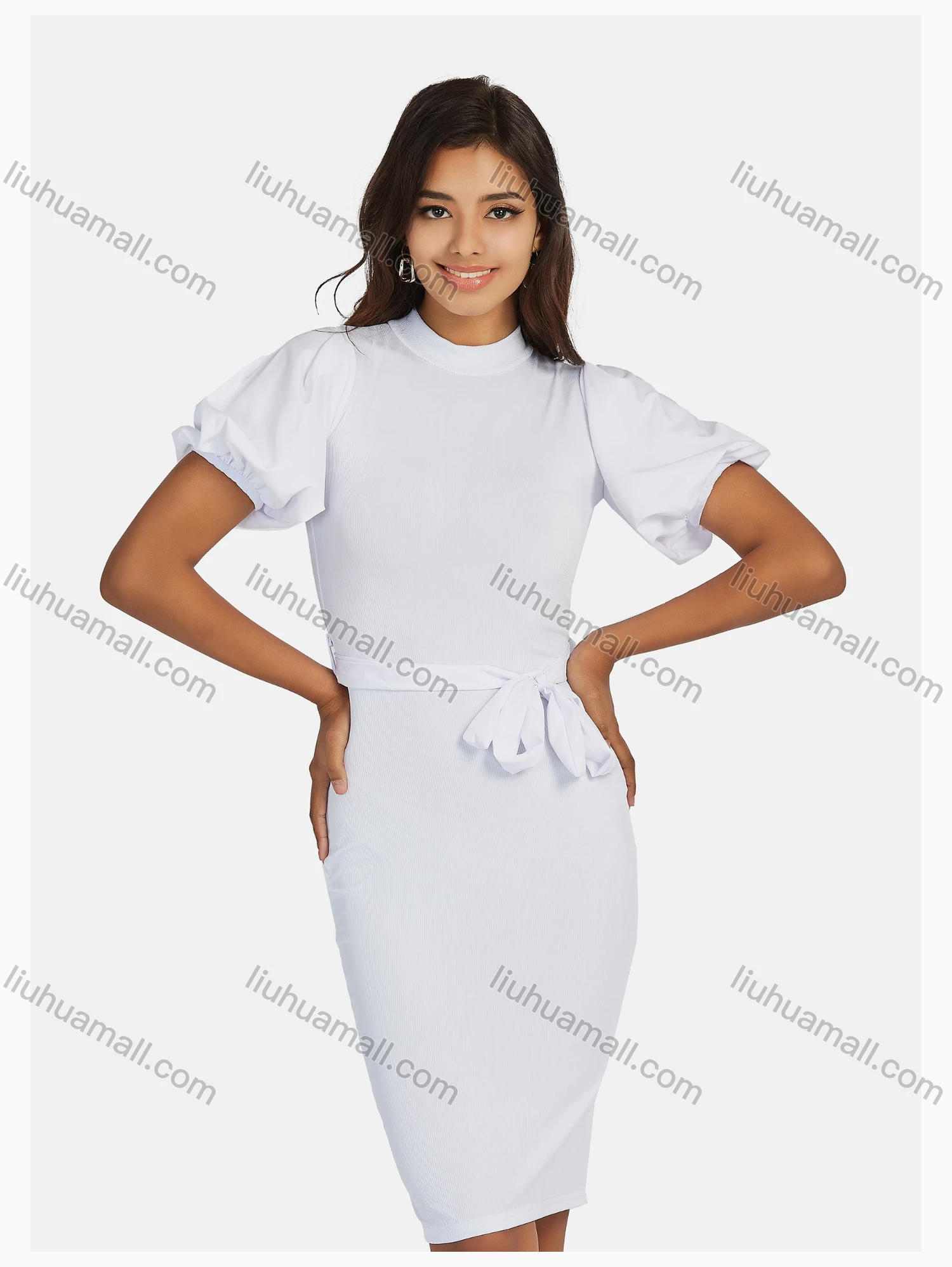 Wholesale Women's Causal Mock Neck Lantern Sleeve Bodycon Plain Dress With Belt - Liuhuamall