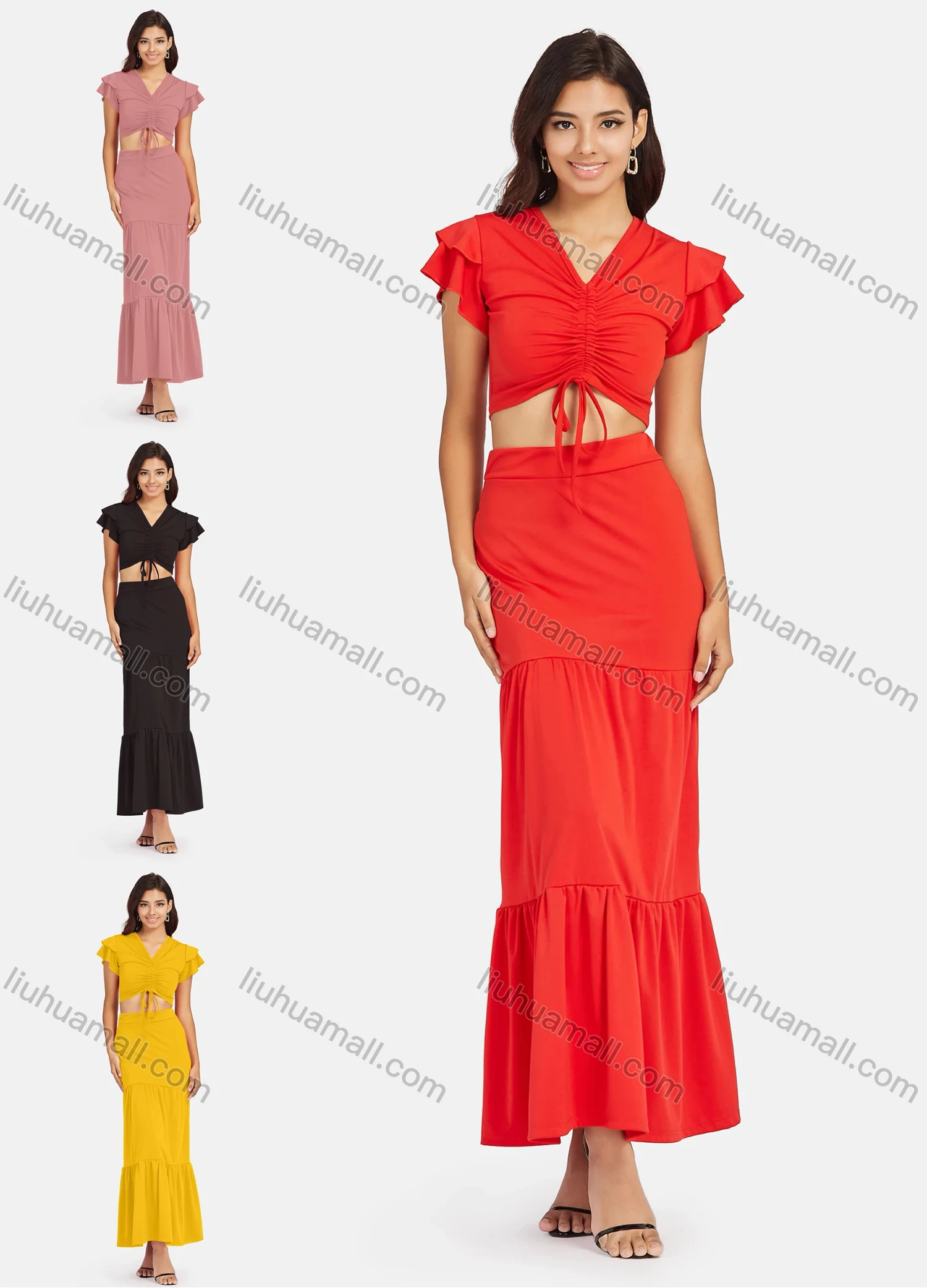 Wholesale Women's Fashion Plain V Neck Ruffle Sleeve Drawstring Crop Top & Skirt Sets - Liuhuamall