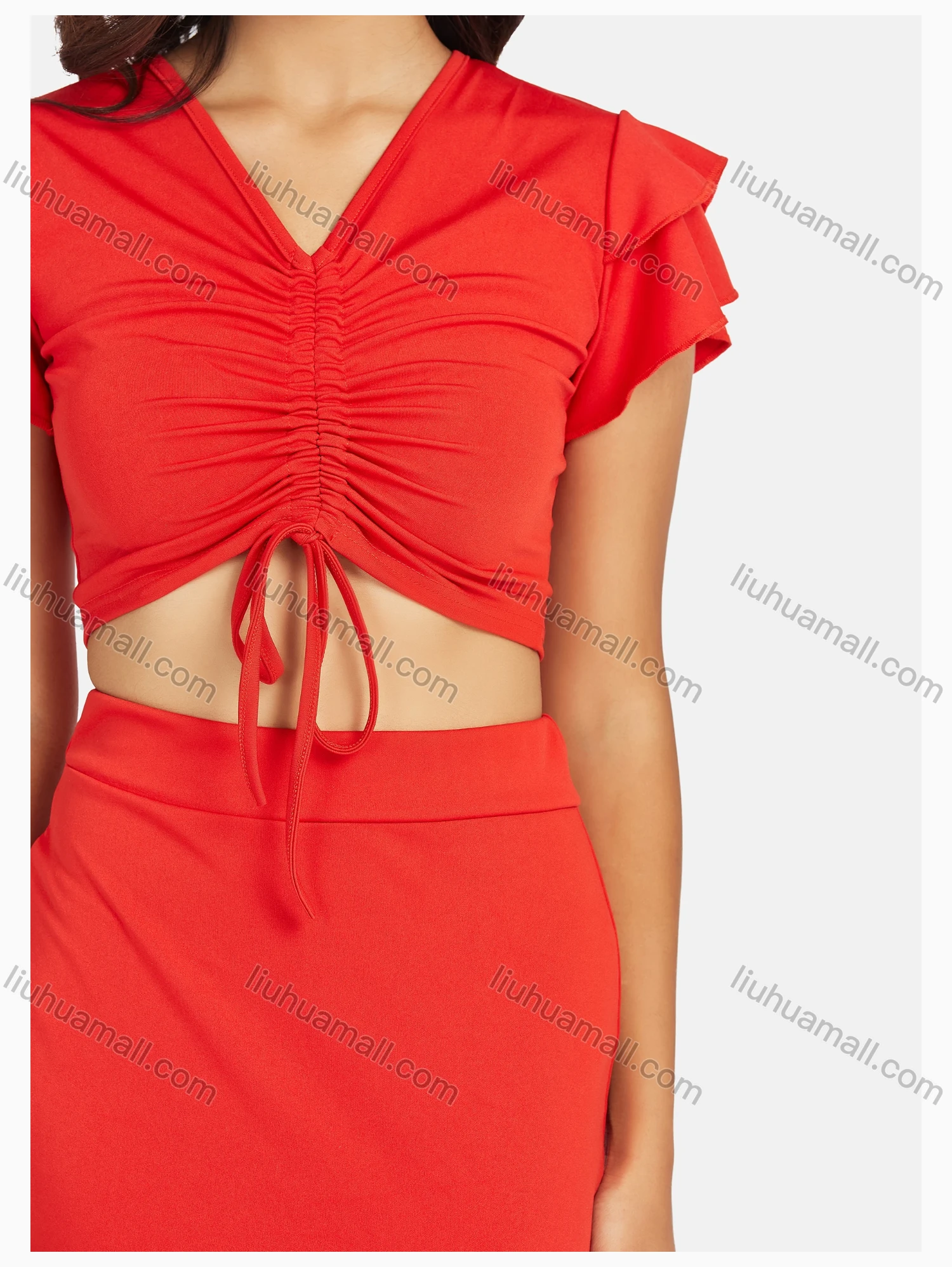 Wholesale Women's Fashion Plain V Neck Ruffle Sleeve Drawstring Crop Top & Skirt Sets - Liuhuamall
