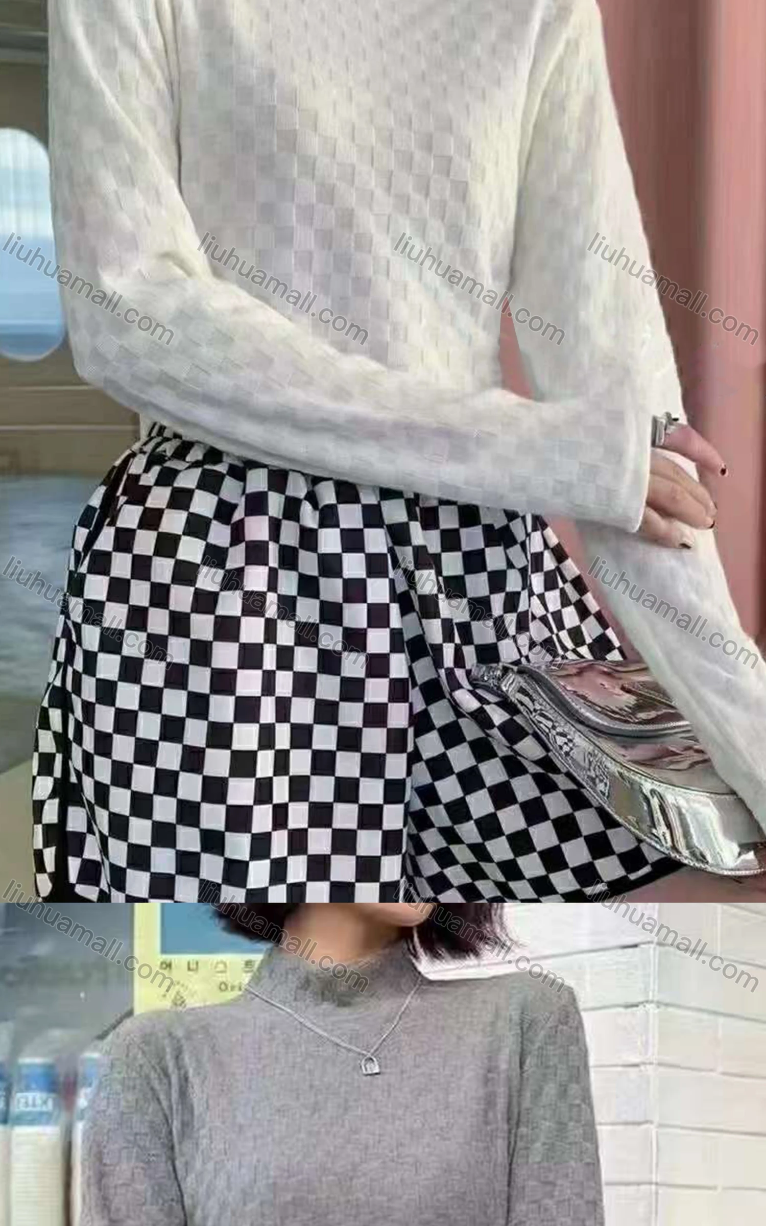 Wholesale Women's Casual Mock Neck Long Sleeve Plaid Texture Tops - Liuhuamall