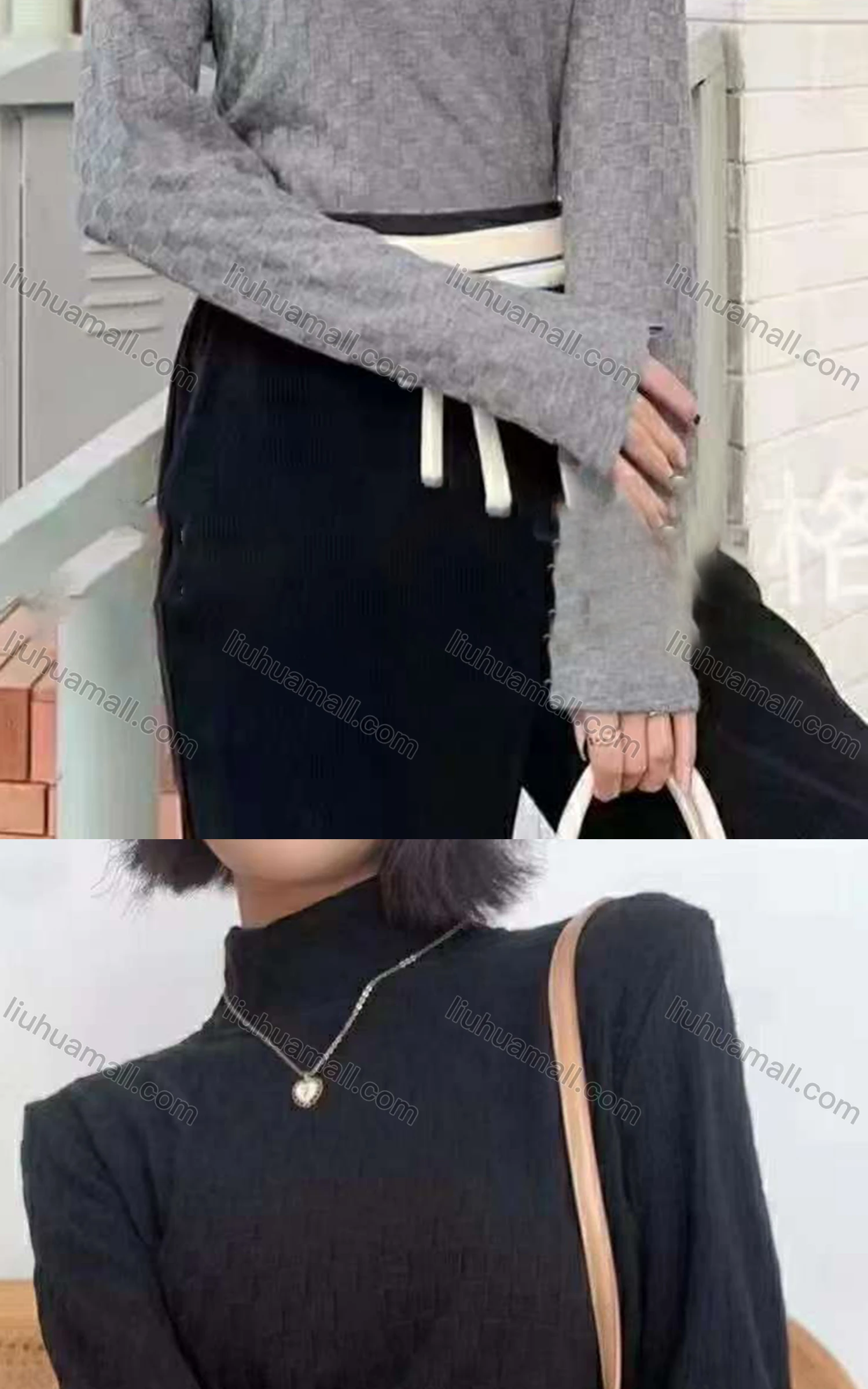 Wholesale Women's Casual Mock Neck Long Sleeve Plaid Texture Tops - Liuhuamall