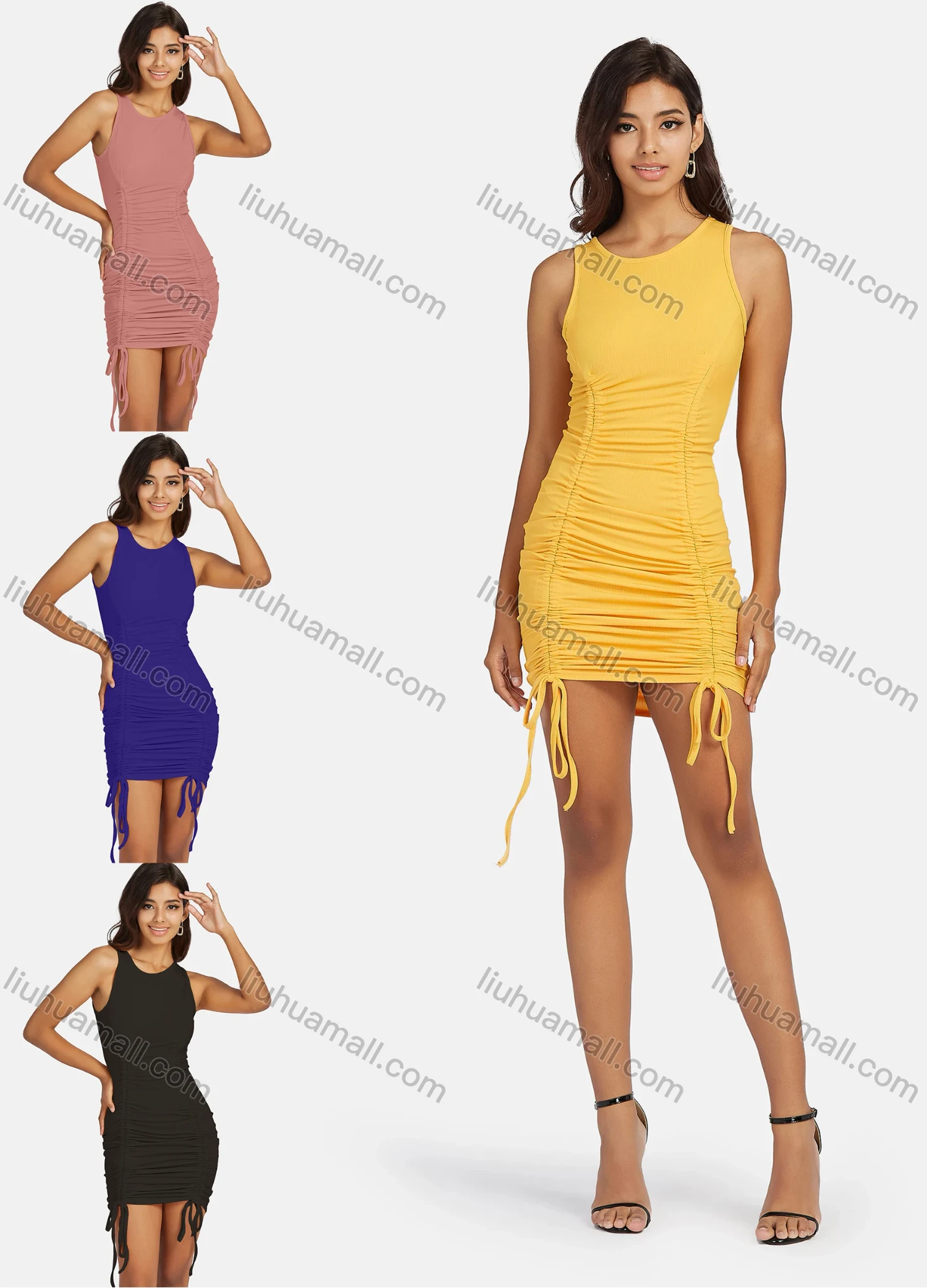 Wholesale Women's Sexy Round Sleeveless Drawstring Bodycon Club-wear Mini Dress - Liuhuamall