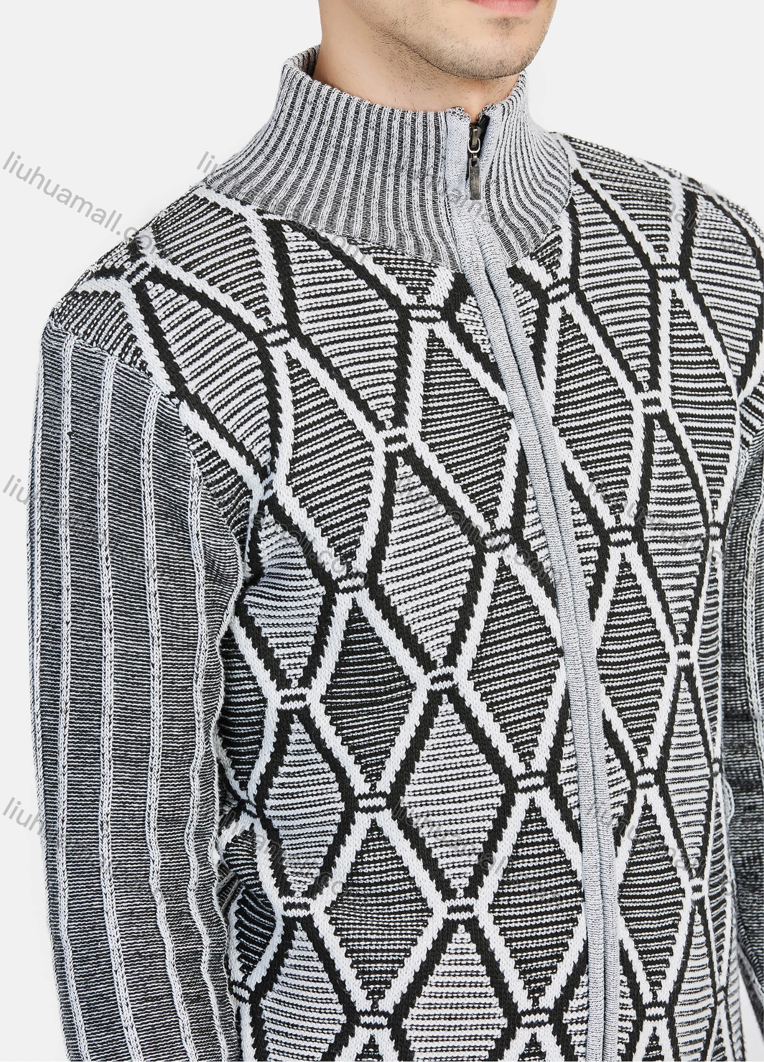 Wholesale Men's Casual Geometric Graphic Zipper Stand Collar Long Sleeve Sweater - Liuhuamall