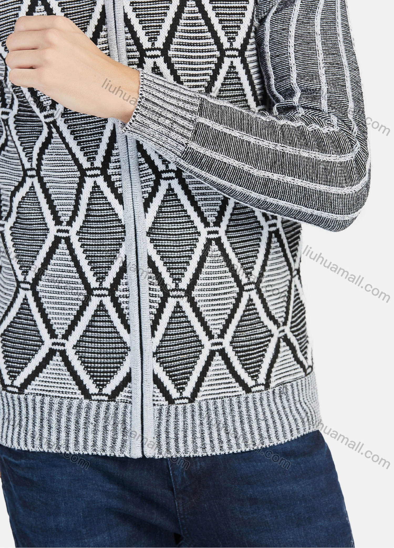 Wholesale Men's Casual Geometric Graphic Zipper Stand Collar Long Sleeve Sweater - Liuhuamall