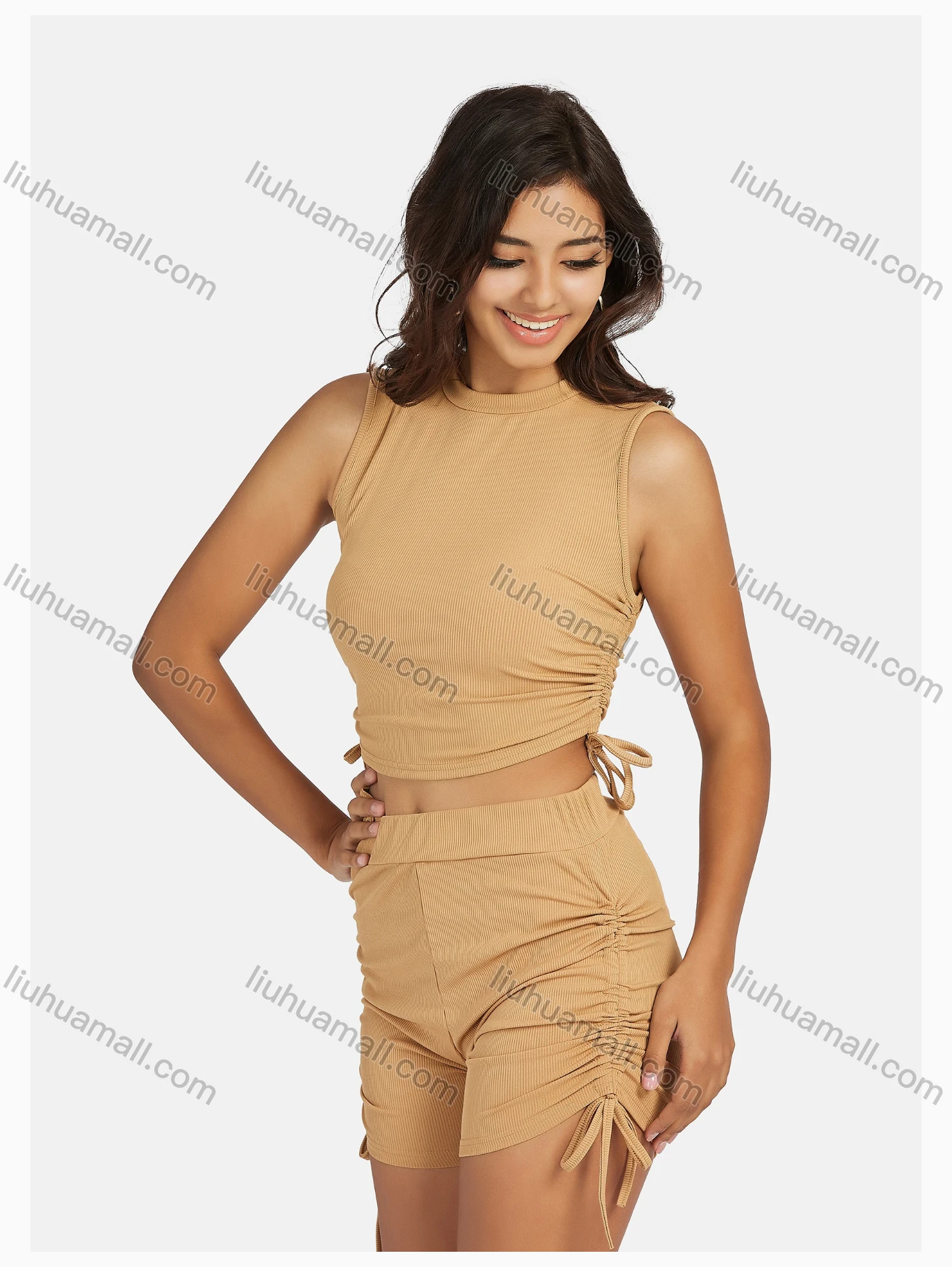 Wholesale Women's Fashion Plain Drawstring Round Neck Sleeveless Crop Top & Shorts Sets - Liuhuamall