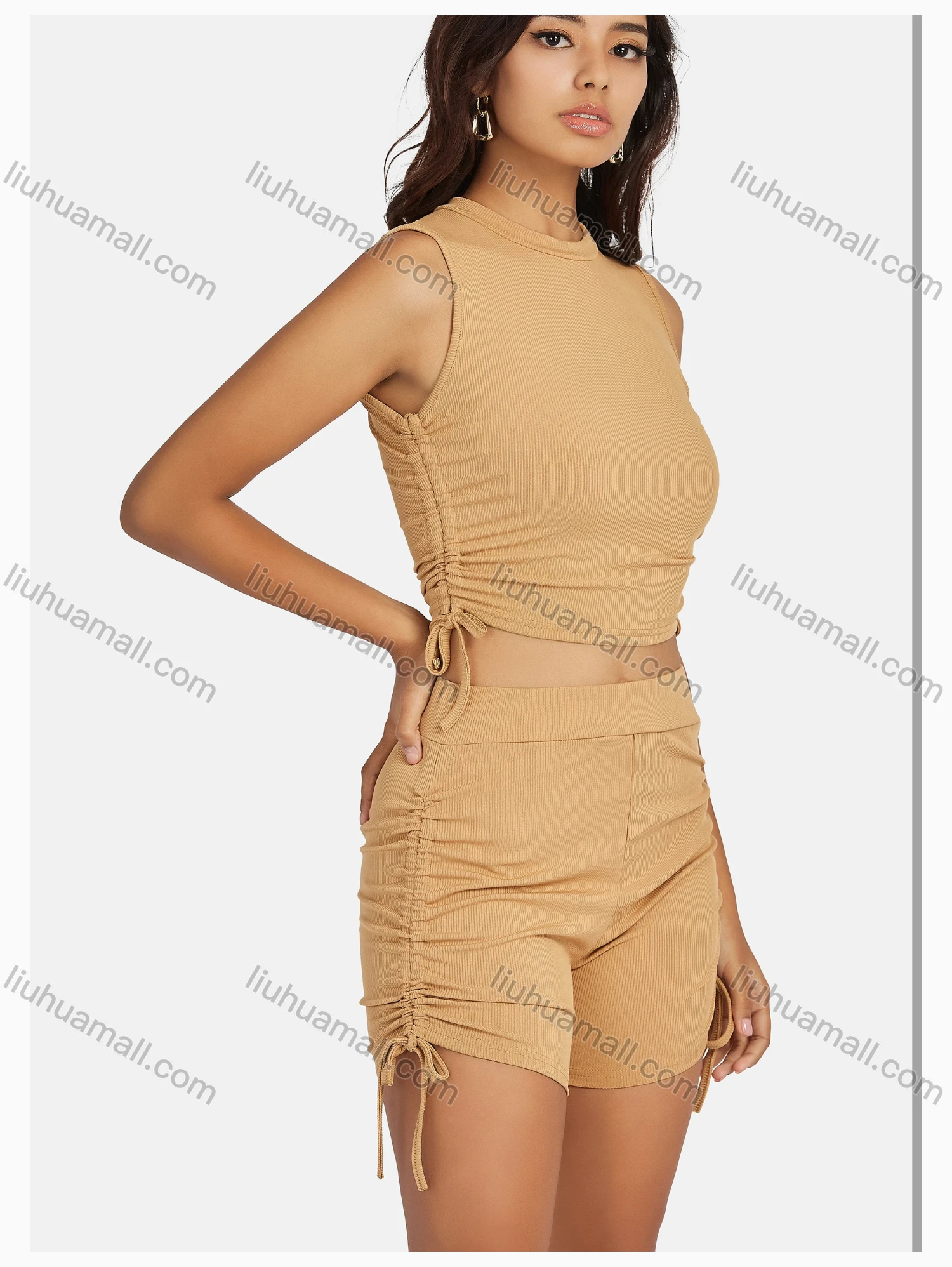 Wholesale Women's Fashion Plain Drawstring Round Neck Sleeveless Crop Top & Shorts Sets - Liuhuamall
