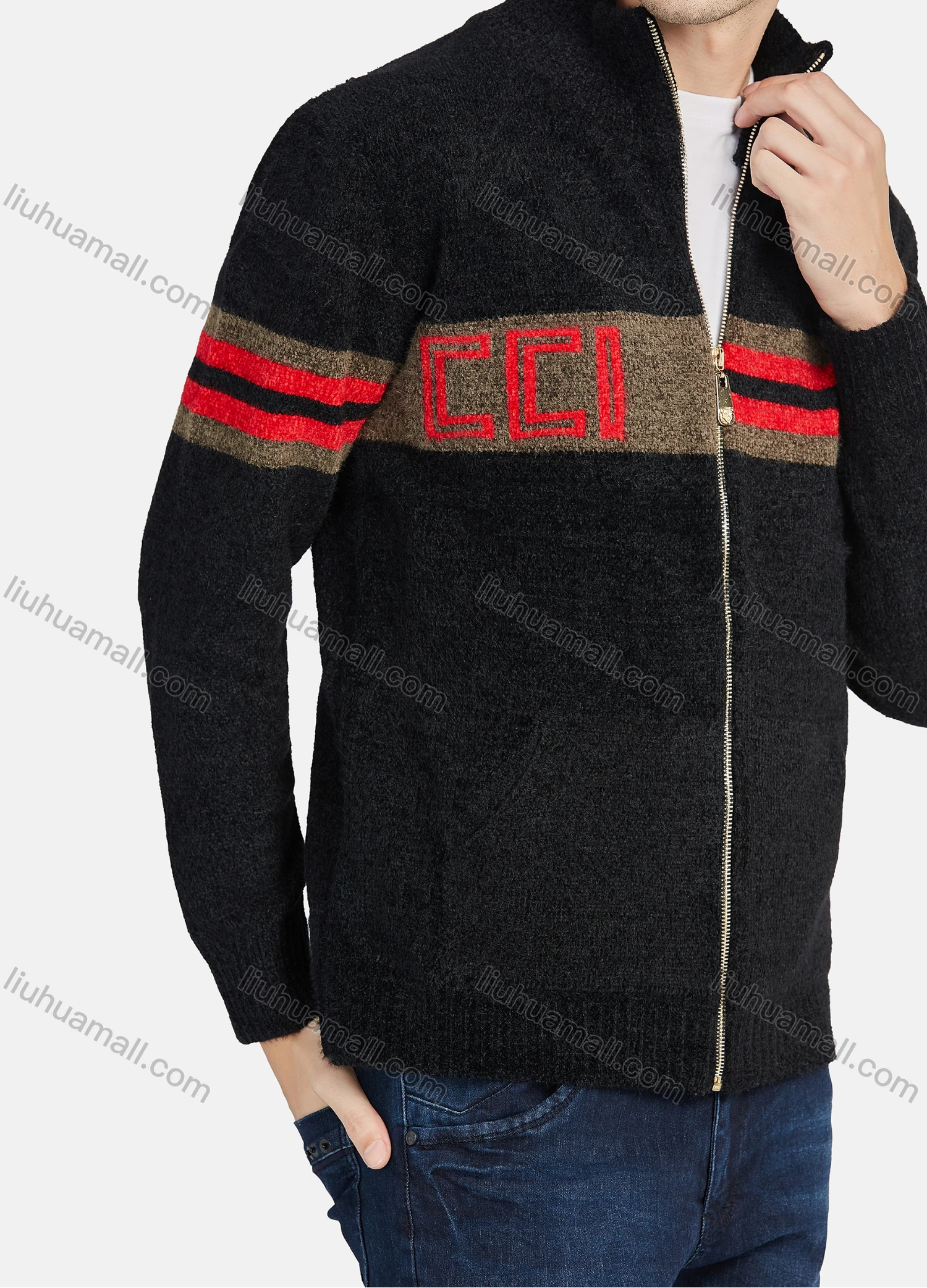 Wholesale Men's Casual Striped Zipper Stand Collar Long Sleeve Sweater - Liuhuamall