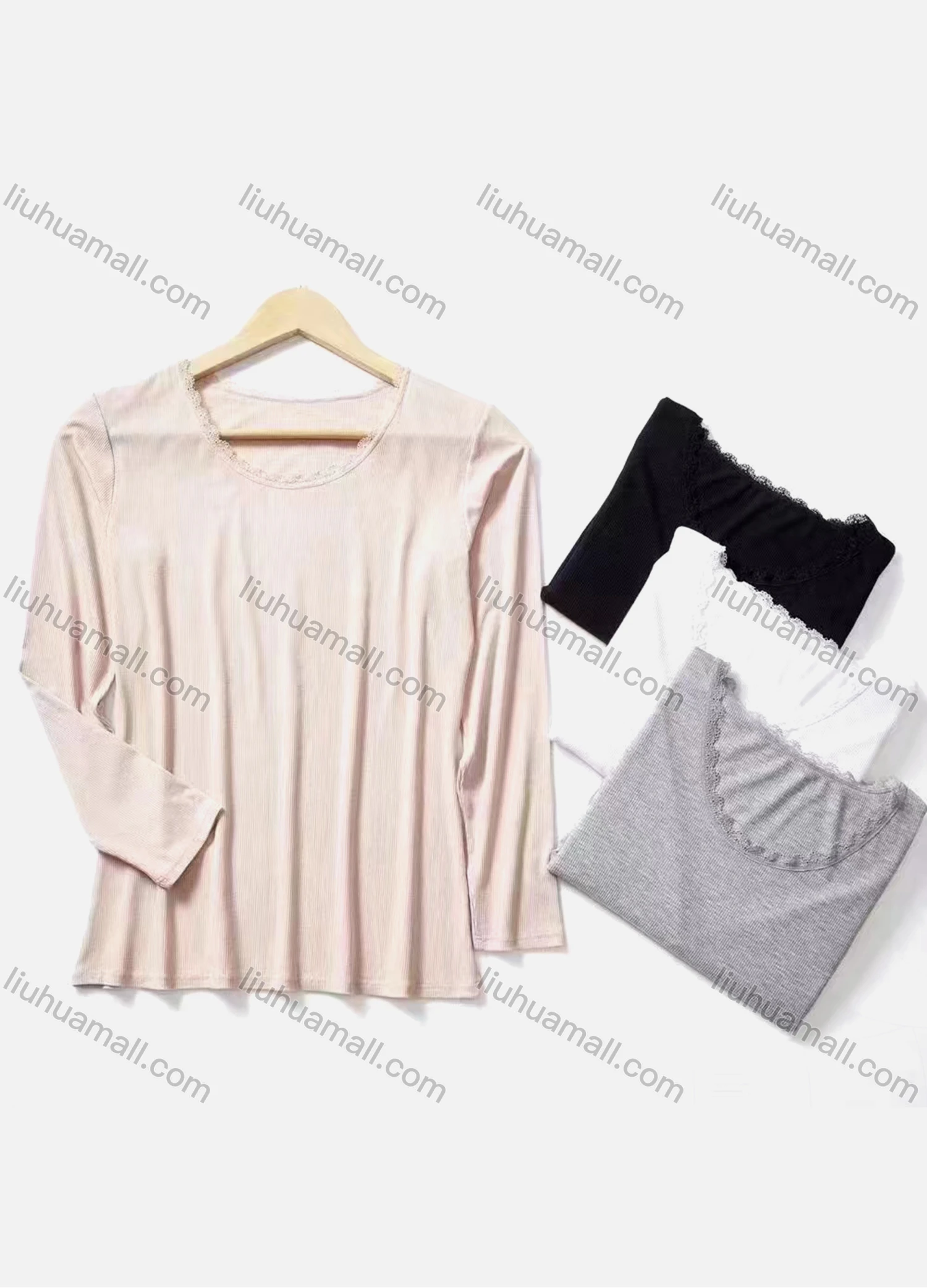 Wholesale Women's Casual Scoop Neck Long Sleeve Lace Trim Plain Tops - Liuhuamall