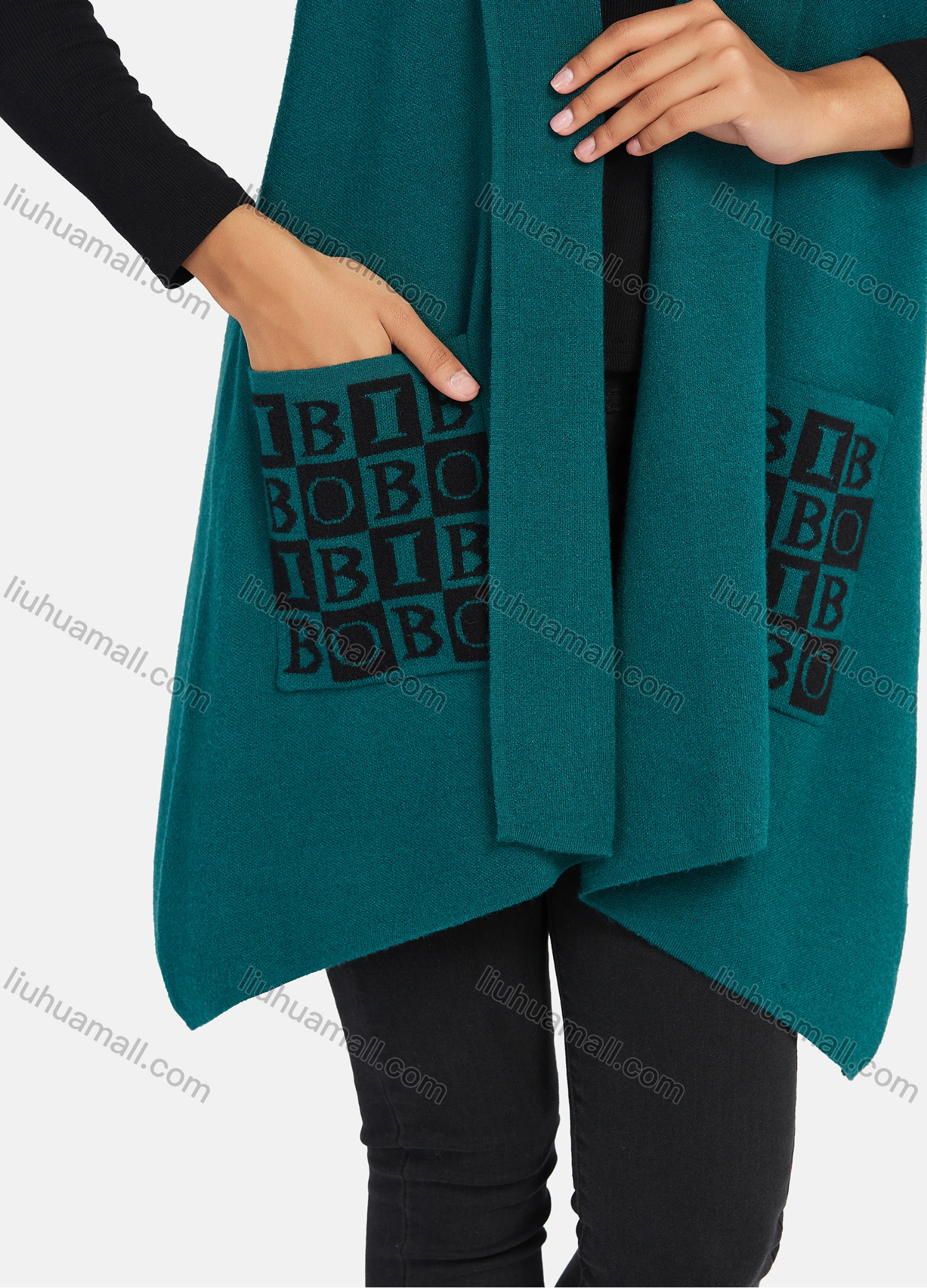 Wholesale Women's Casual Letter Print Open Front Sleeveless Long Cardigan Outerwear With Pocket - Liuhuamall