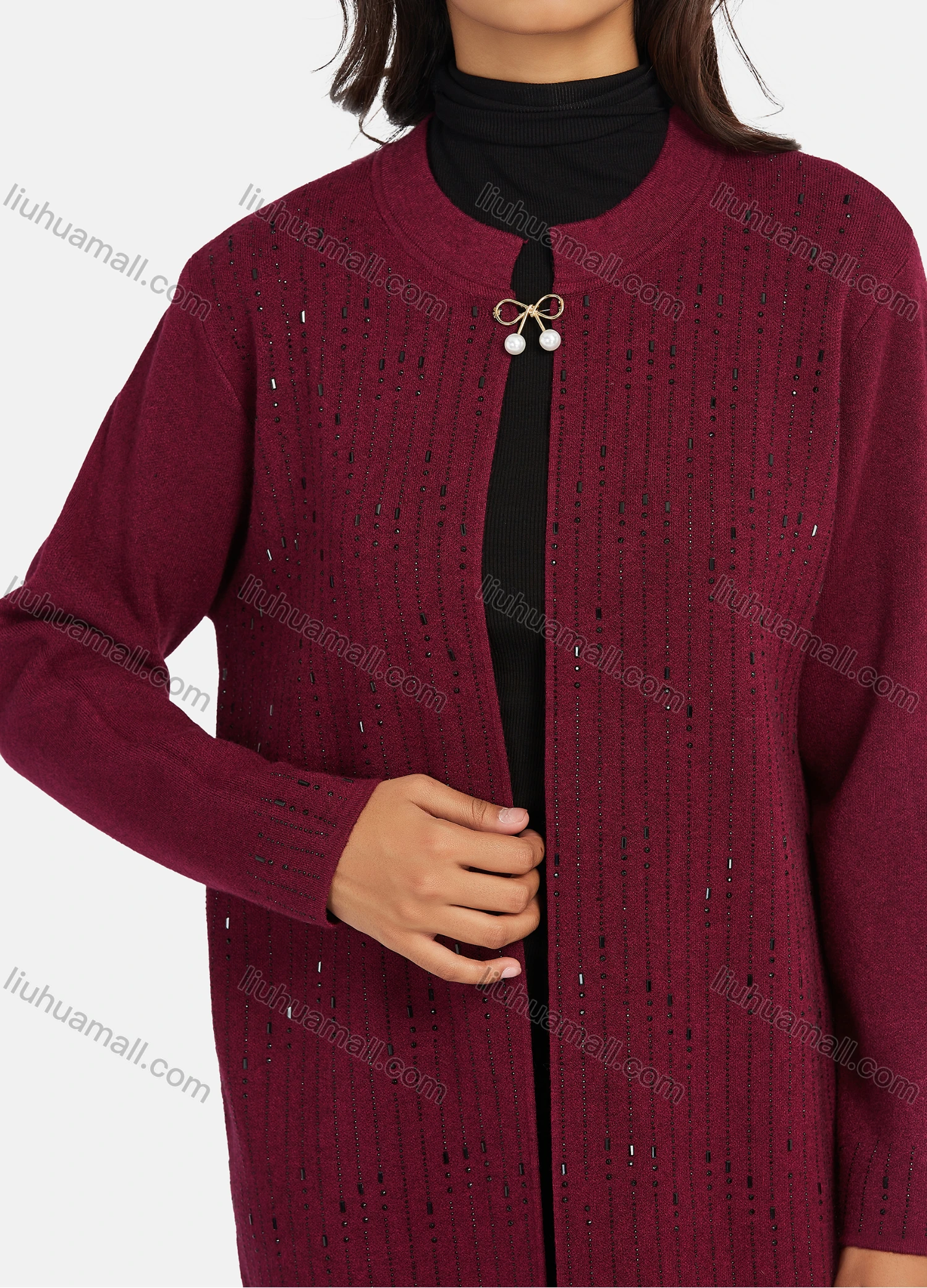 Wholesale Women's Casual Round Neck Rhinestone Long Sleeve Cardigan Outerwear With Pearl Pin - Liuhuamall