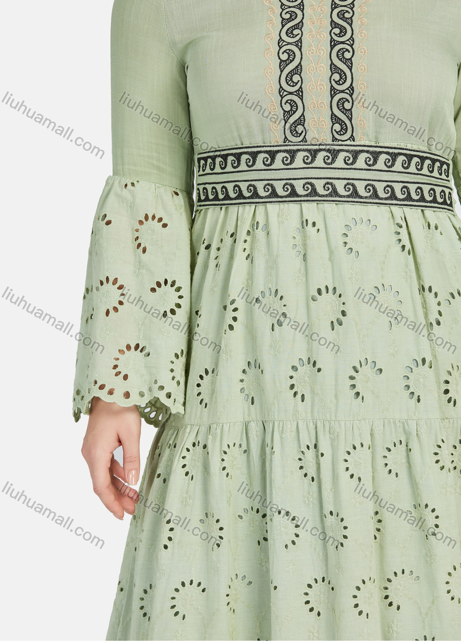 Wholesale Women's Casual Folkloric Embroidery V Neck Long Sleeve Cut Out Ruffle Hem Maxi Dress - Liuhuamall
