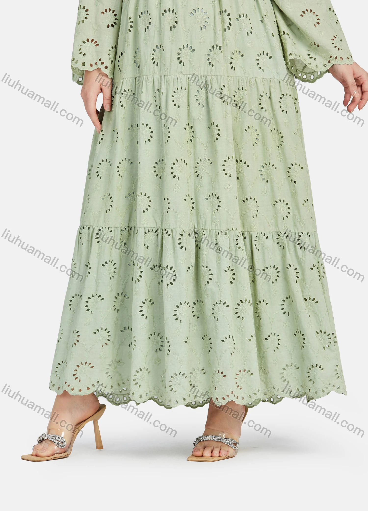 Wholesale Women's Casual Folkloric Embroidery V Neck Long Sleeve Cut Out Ruffle Hem Maxi Dress - Liuhuamall