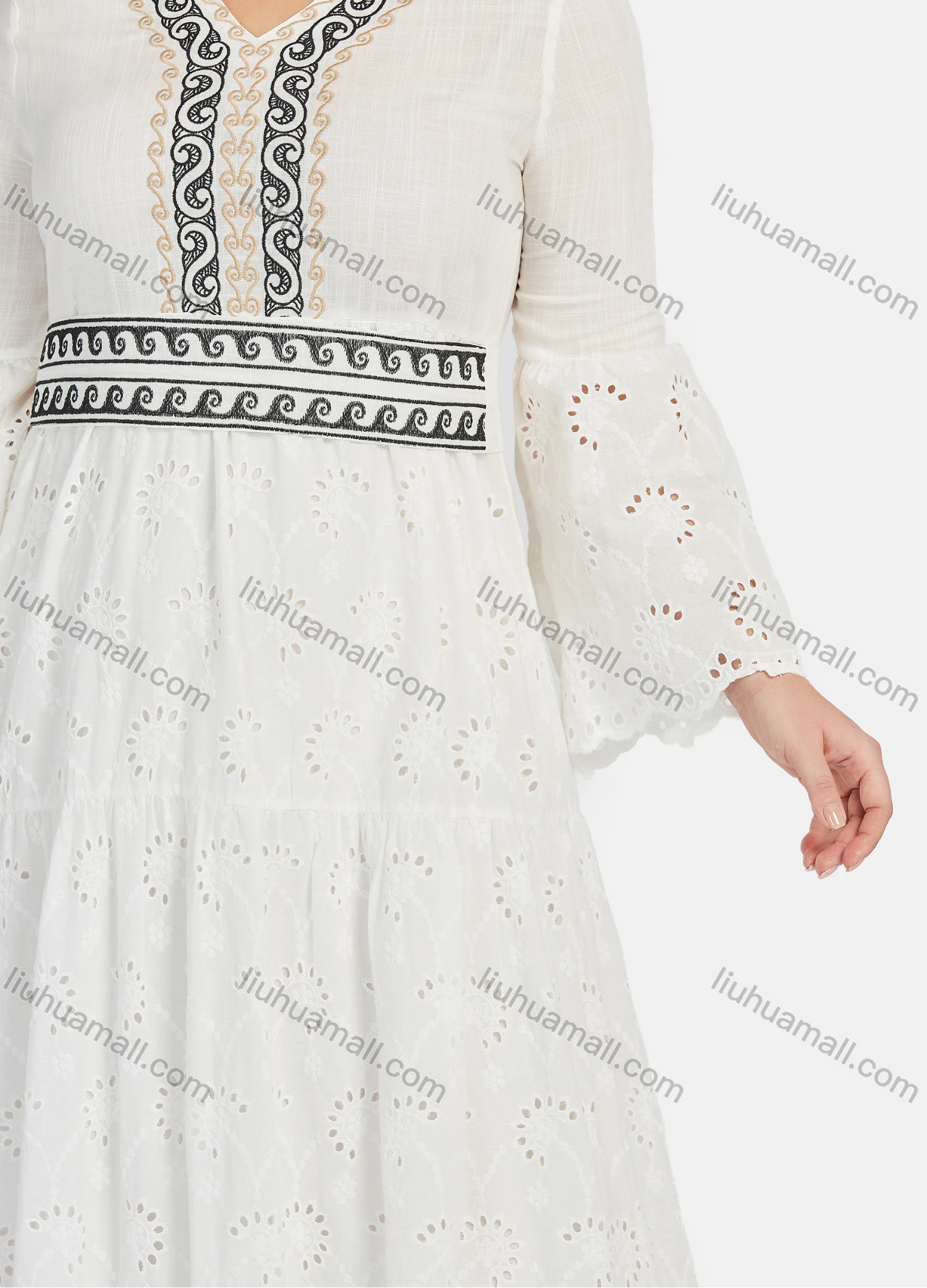 Wholesale Women's Casual Folkloric Embroidery V Neck Long Sleeve Cut Out Ruffle Hem Maxi Dress - Liuhuamall