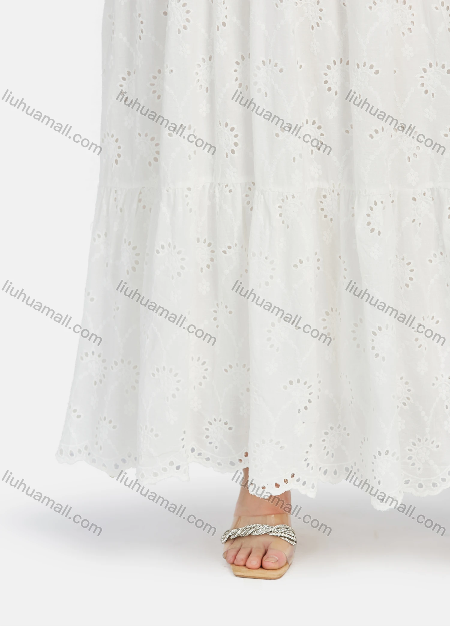 Wholesale Women's Casual Folkloric Embroidery V Neck Long Sleeve Cut Out Ruffle Hem Maxi Dress - Liuhuamall