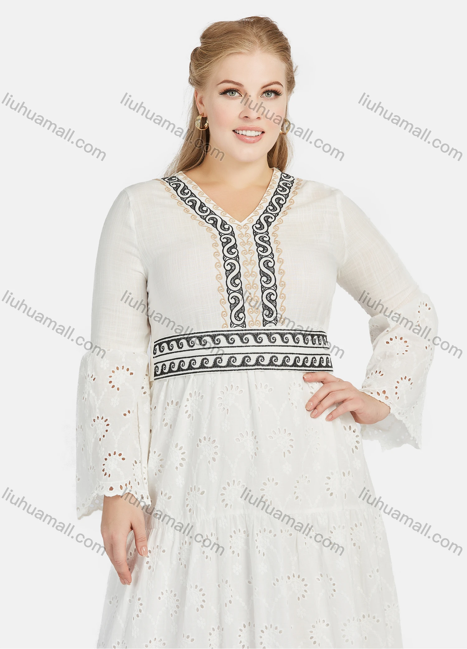 Wholesale Women's Casual Folkloric Embroidery V Neck Long Sleeve Cut Out Ruffle Hem Maxi Dress - Liuhuamall