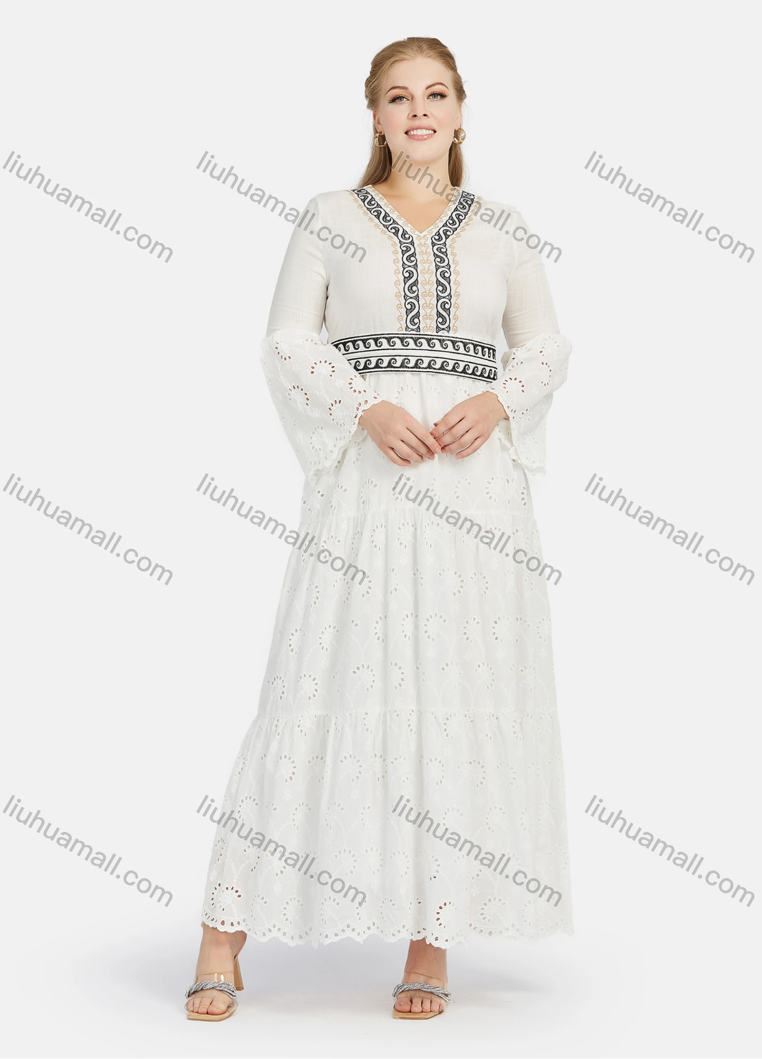 Wholesale Women's Casual Folkloric Embroidery V Neck Long Sleeve Cut Out Ruffle Hem Maxi Dress - Liuhuamall