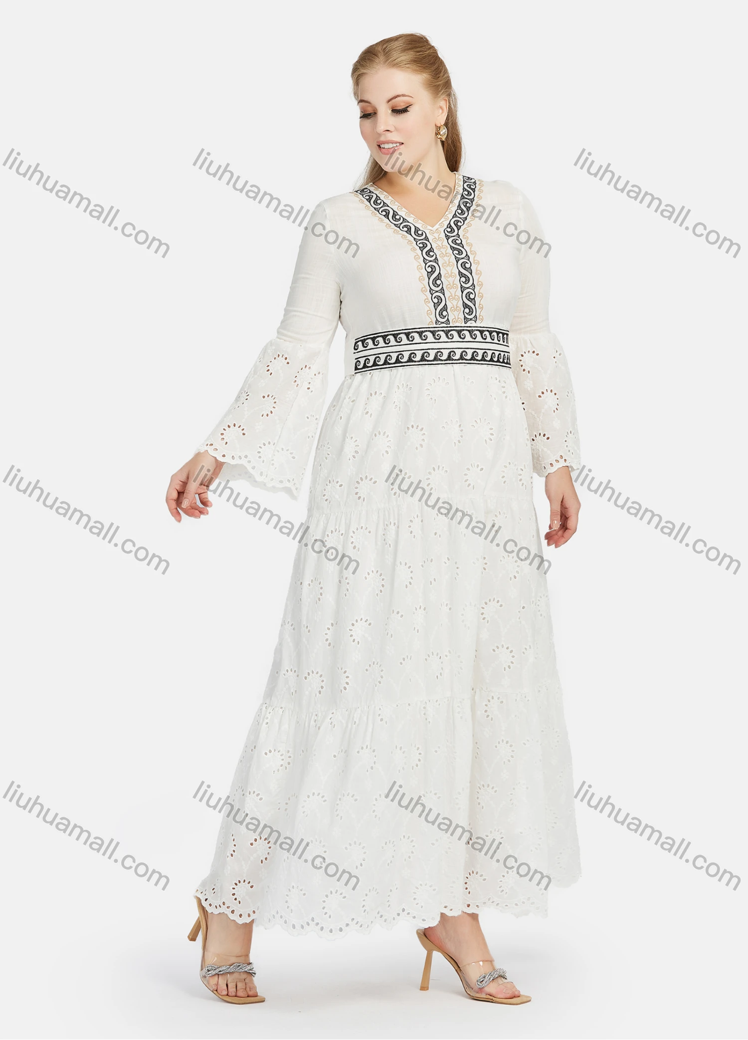 Wholesale Women's Casual Folkloric Embroidery V Neck Long Sleeve Cut Out Ruffle Hem Maxi Dress - Liuhuamall