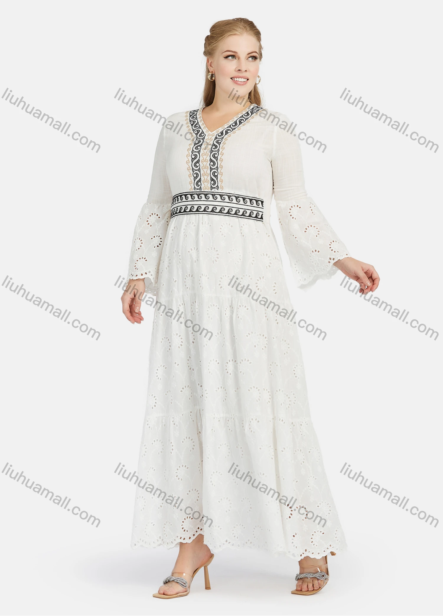 Wholesale Women's Casual Folkloric Embroidery V Neck Long Sleeve Cut Out Ruffle Hem Maxi Dress - Liuhuamall