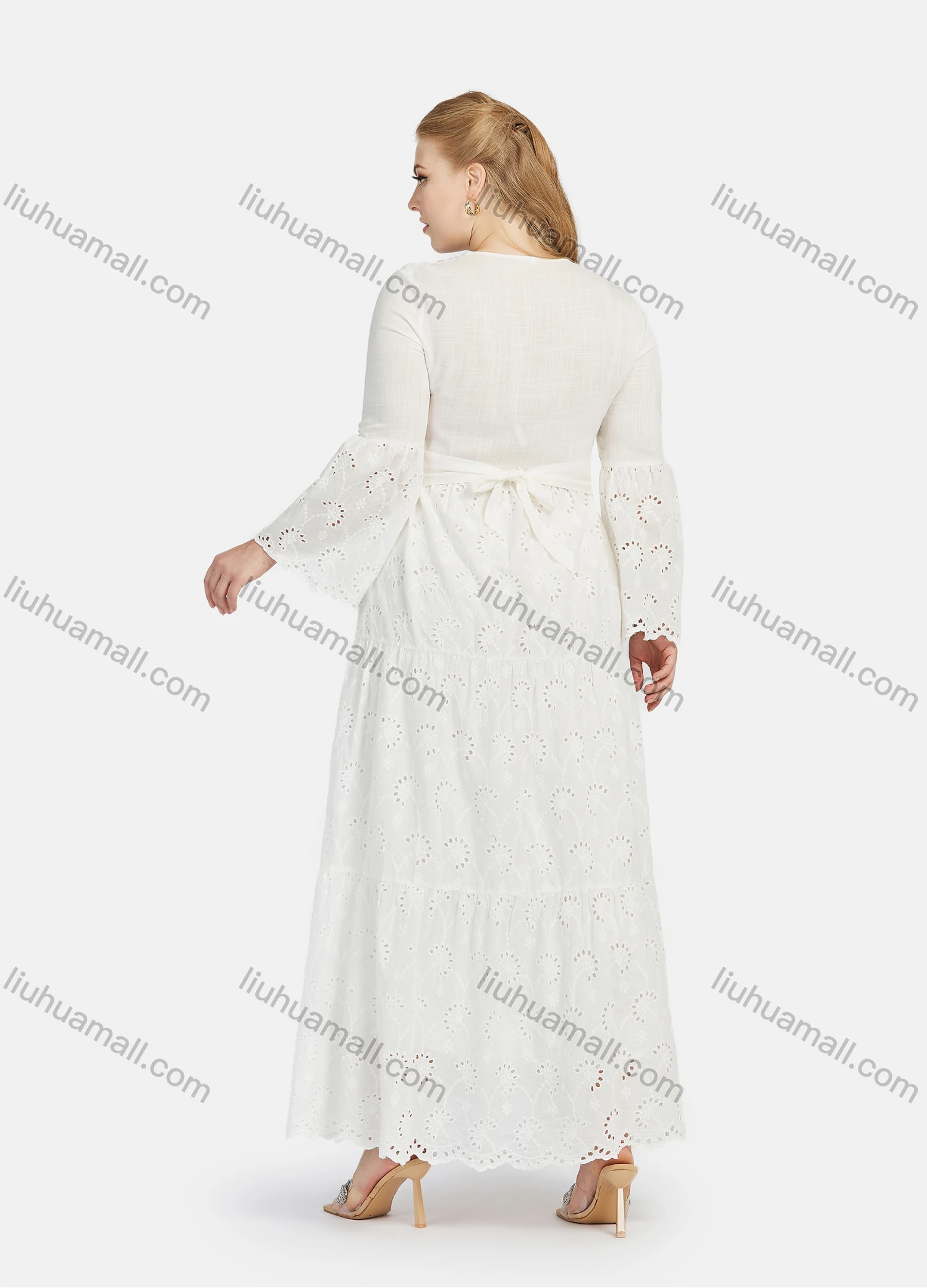 Wholesale Women's Casual Folkloric Embroidery V Neck Long Sleeve Cut Out Ruffle Hem Maxi Dress - Liuhuamall