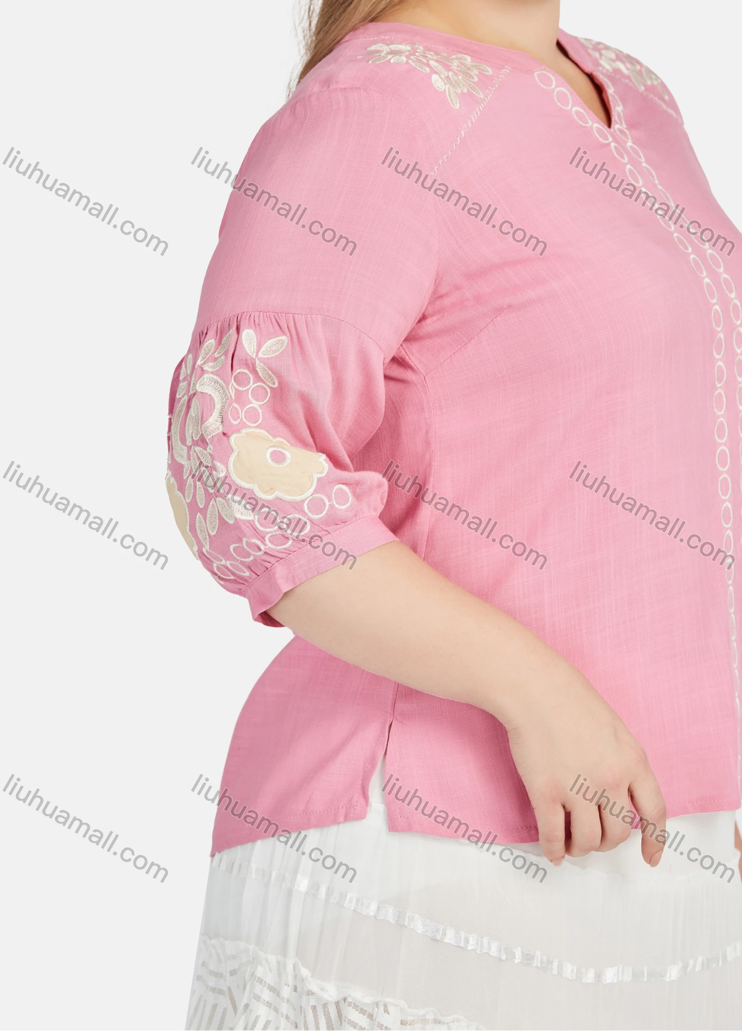 Wholesale Women's Casual Embroidery Notched Neck Half Sleeve Blouse - Liuhuamall