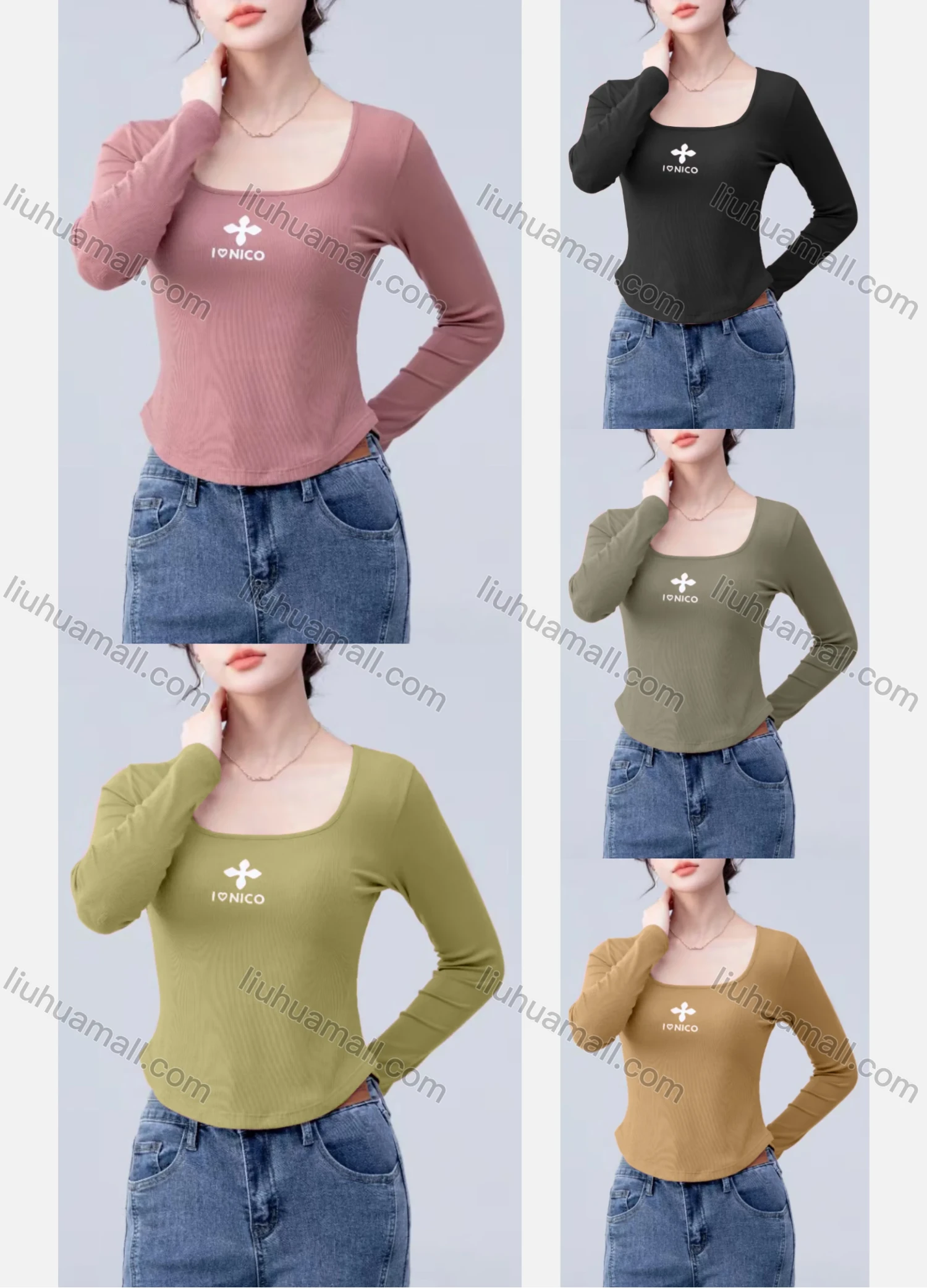 Wholesale Women's Casual Letter Print Square Neck Long Sleeve Top - Liuhuamall