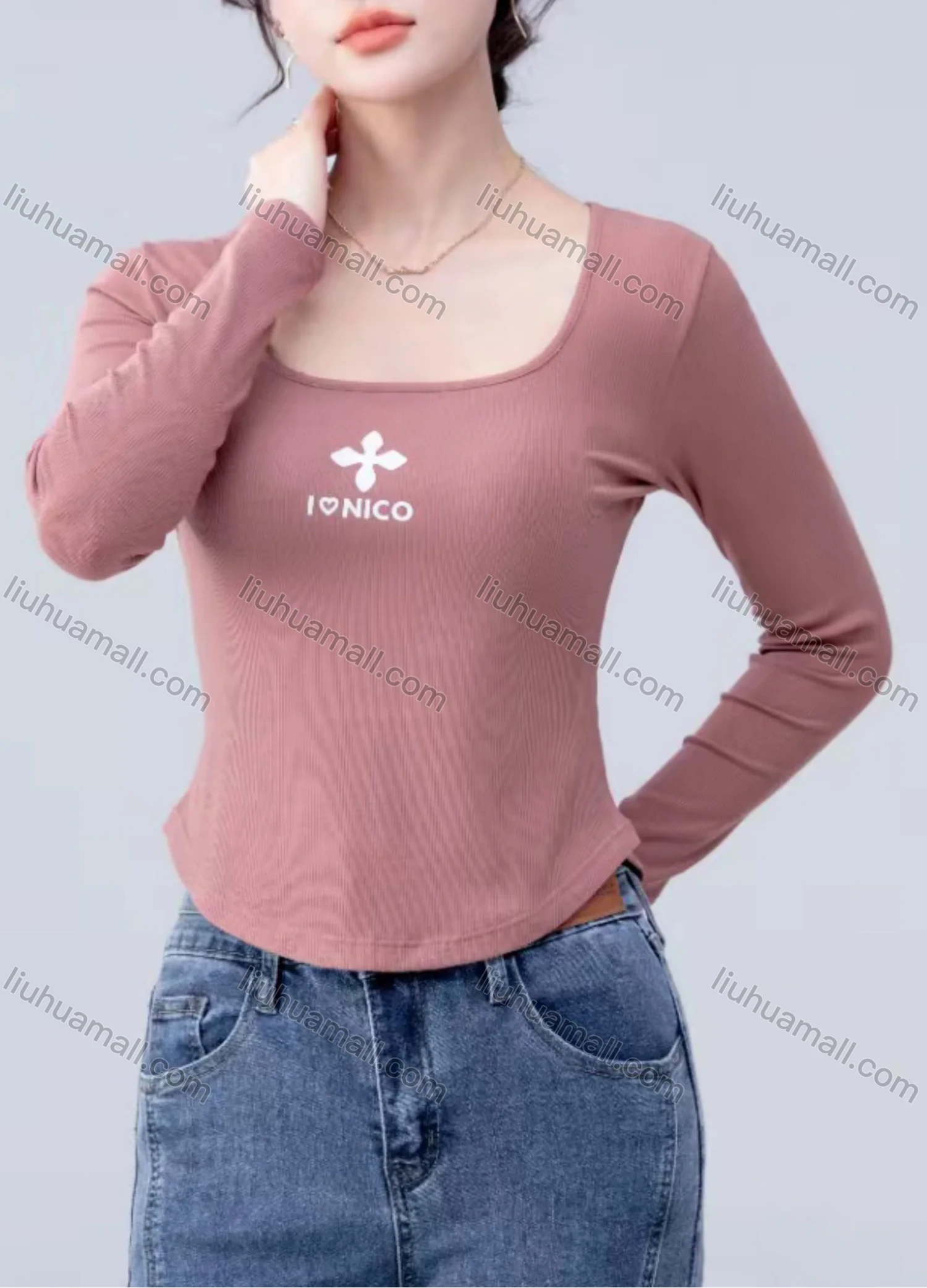 Wholesale Women's Casual Letter Print Square Neck Long Sleeve Top - Liuhuamall