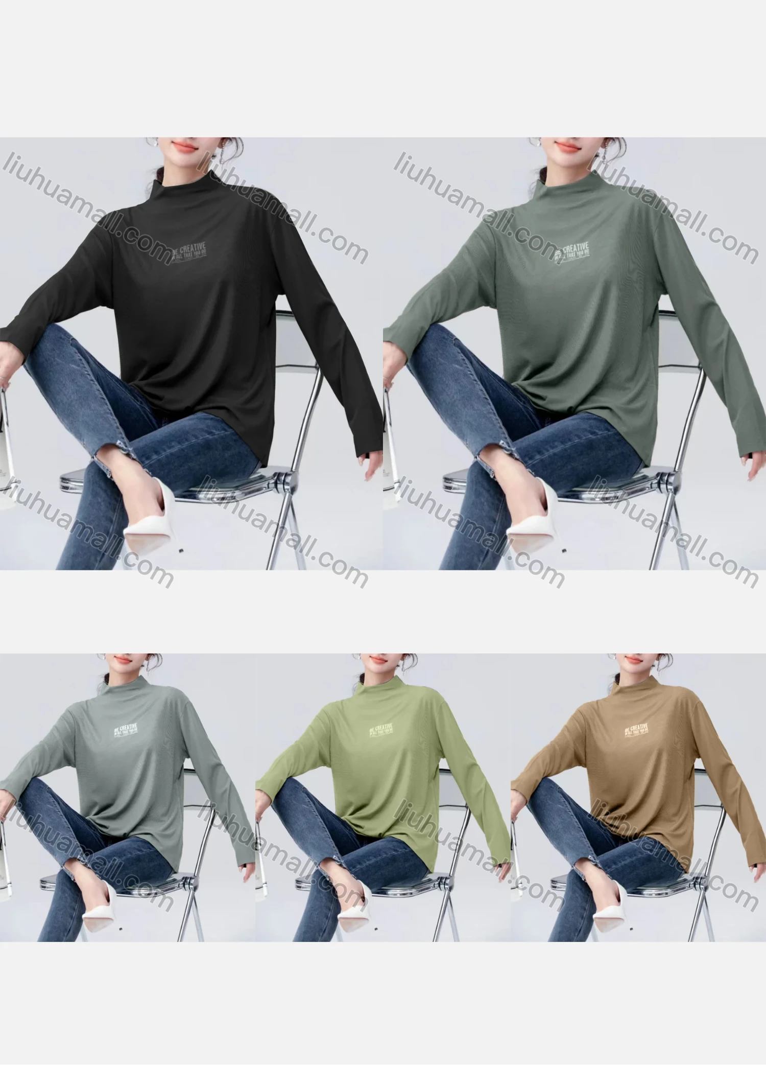Wholesale Women's Casual Letter Print Mock Neck Long Sleeve Blouse 7768# - Liuhuamall