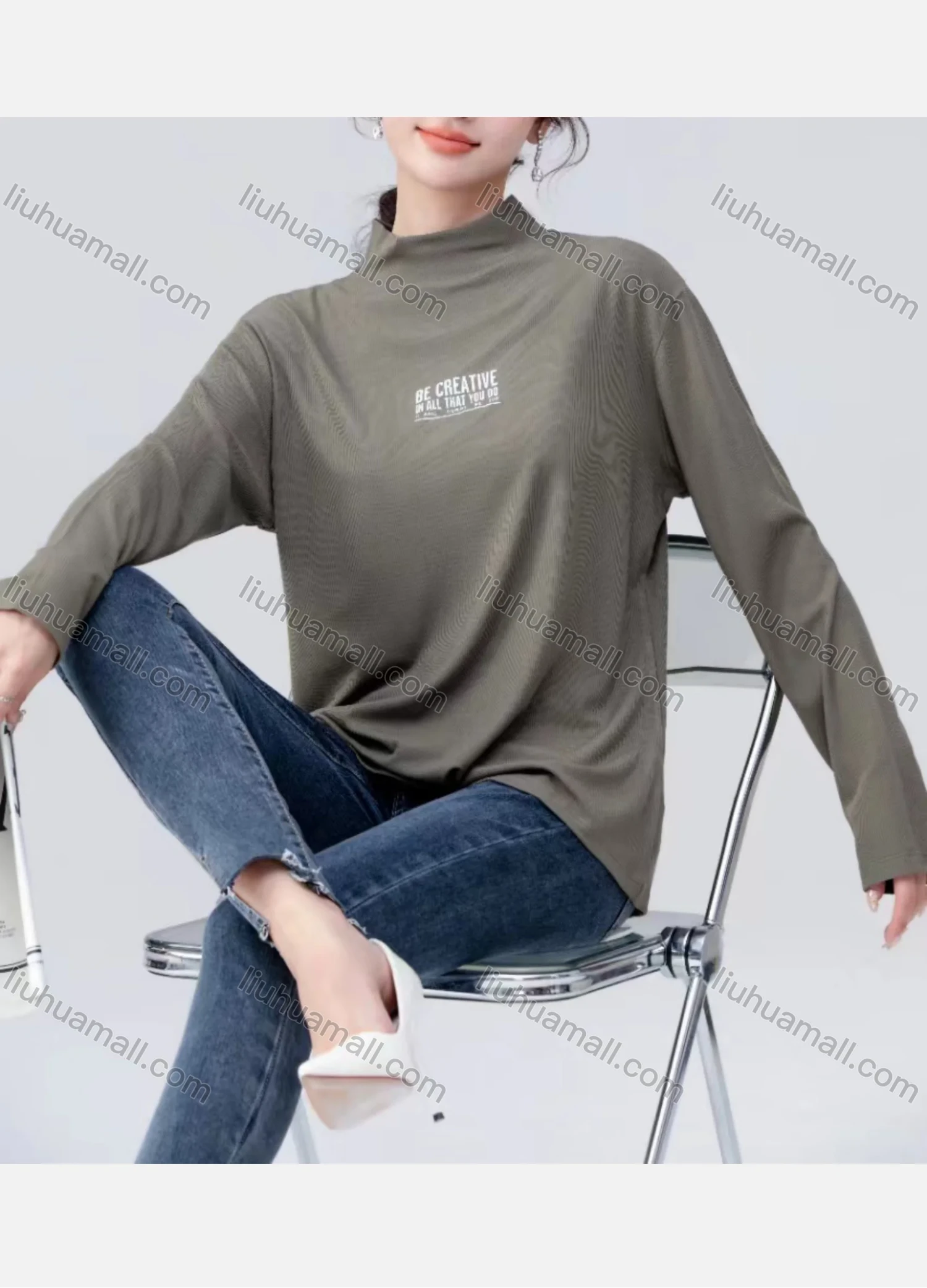 Wholesale Women's Casual Letter Print Mock Neck Long Sleeve Blouse 7768# - Liuhuamall